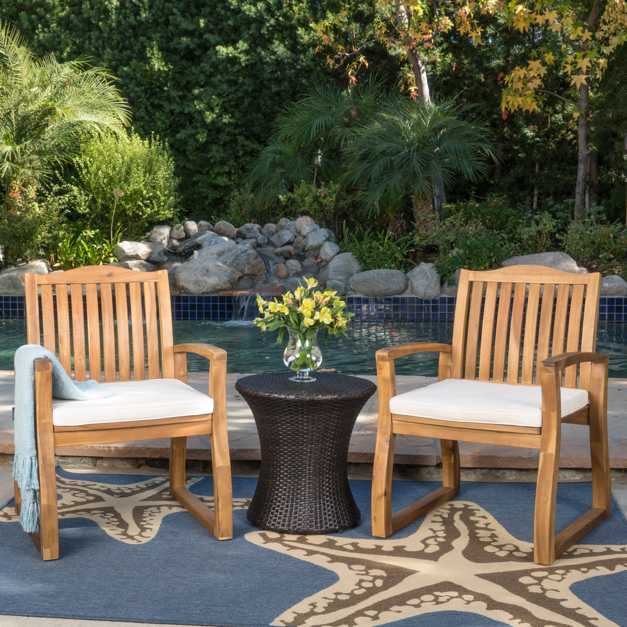 Malibu Outdoor Acacia Wood 3 Piece Chat Set with Wicker Table - furnishings