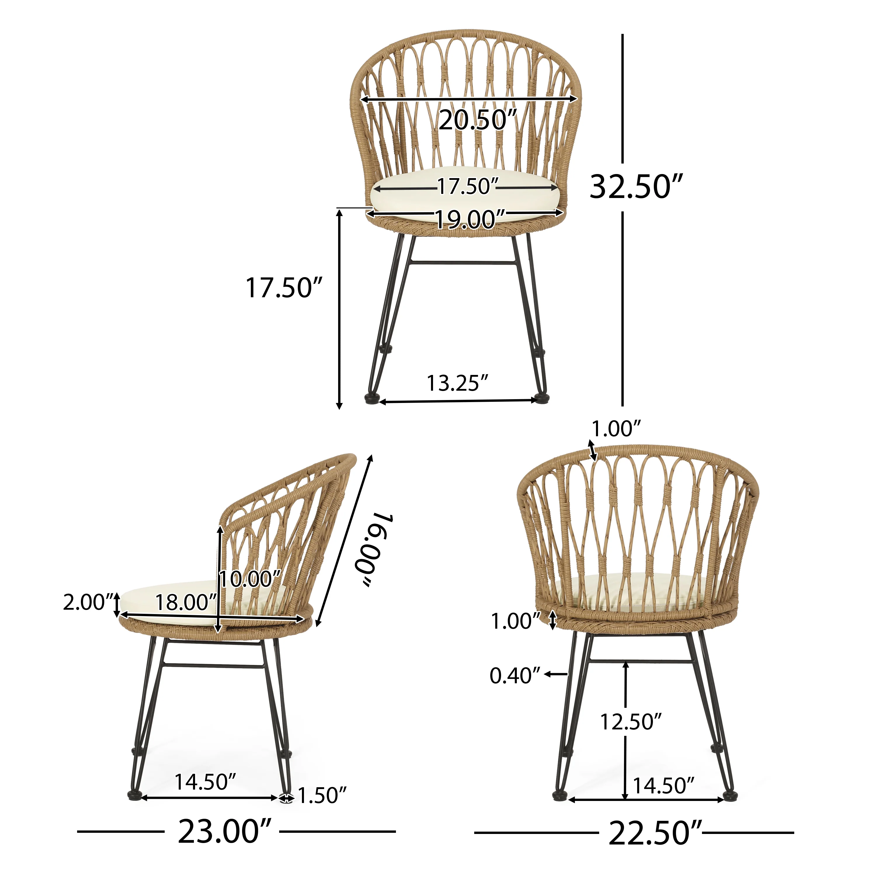 Cowen Outdoor Wicker Dining Chairs with Cushion, Set of 2, Light Brown, Black, and Beige - furnishings