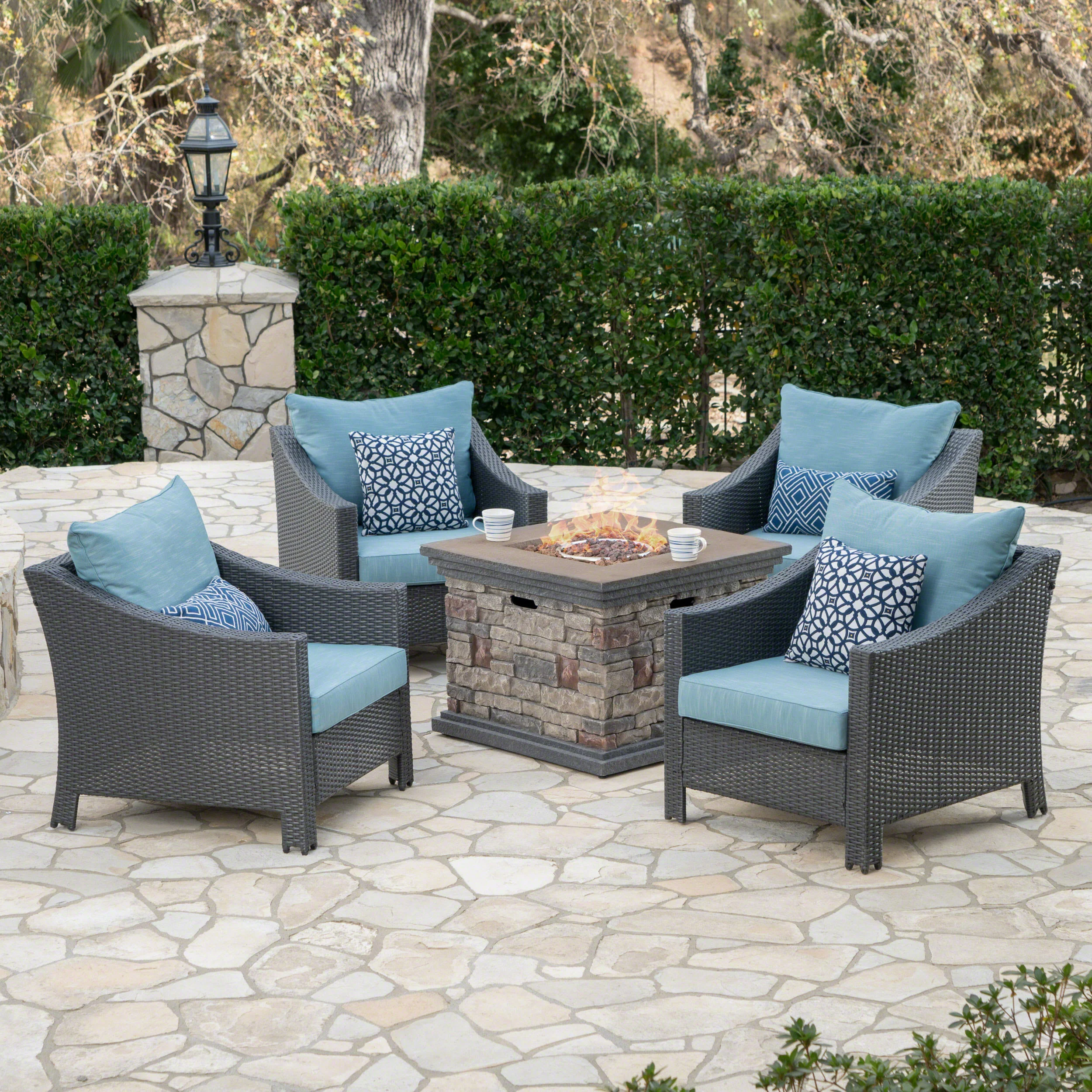Aspen Outdoor 5 Piece Gray Wicker Chat Set with Stone Finished Fire Pit - furnishings