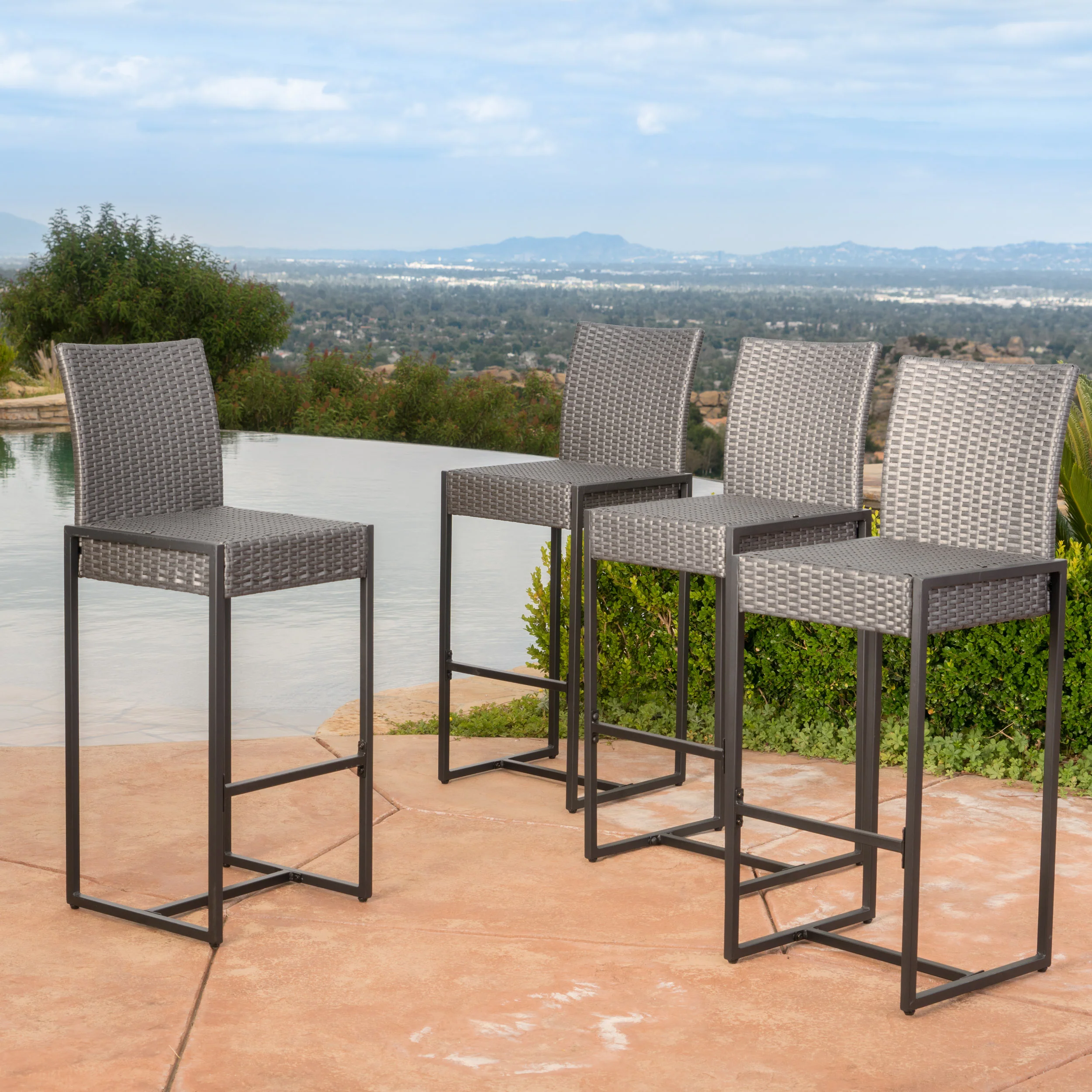 Conrad Outdoor Transitional 30-Inch Gray Wicker Barstools with Metal Frame - furnishings