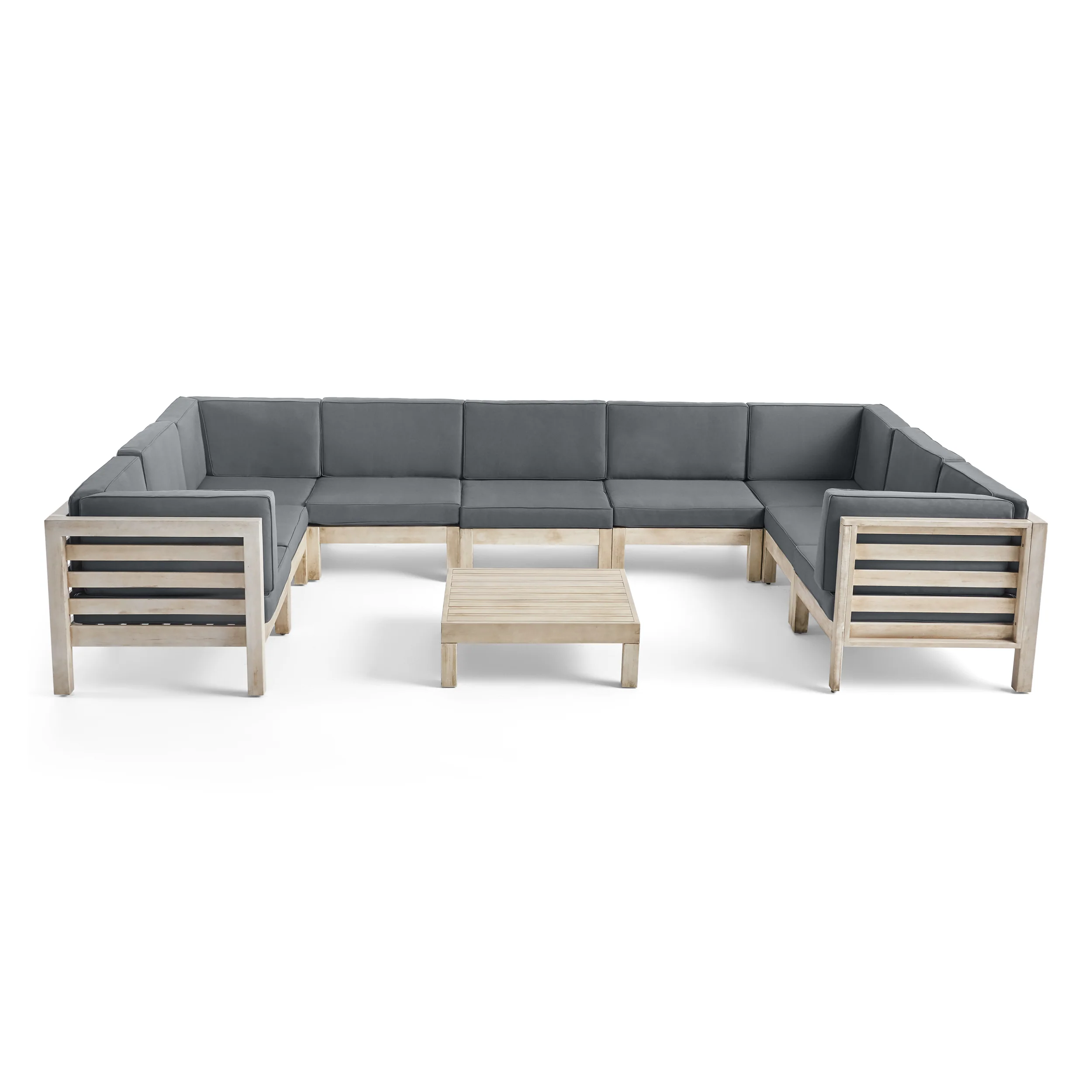 Ravello Outdoor 9 Seater Acacia Wood Sectional Sofa Set, Weathered Gray Finish and Dark Gray - furnishings