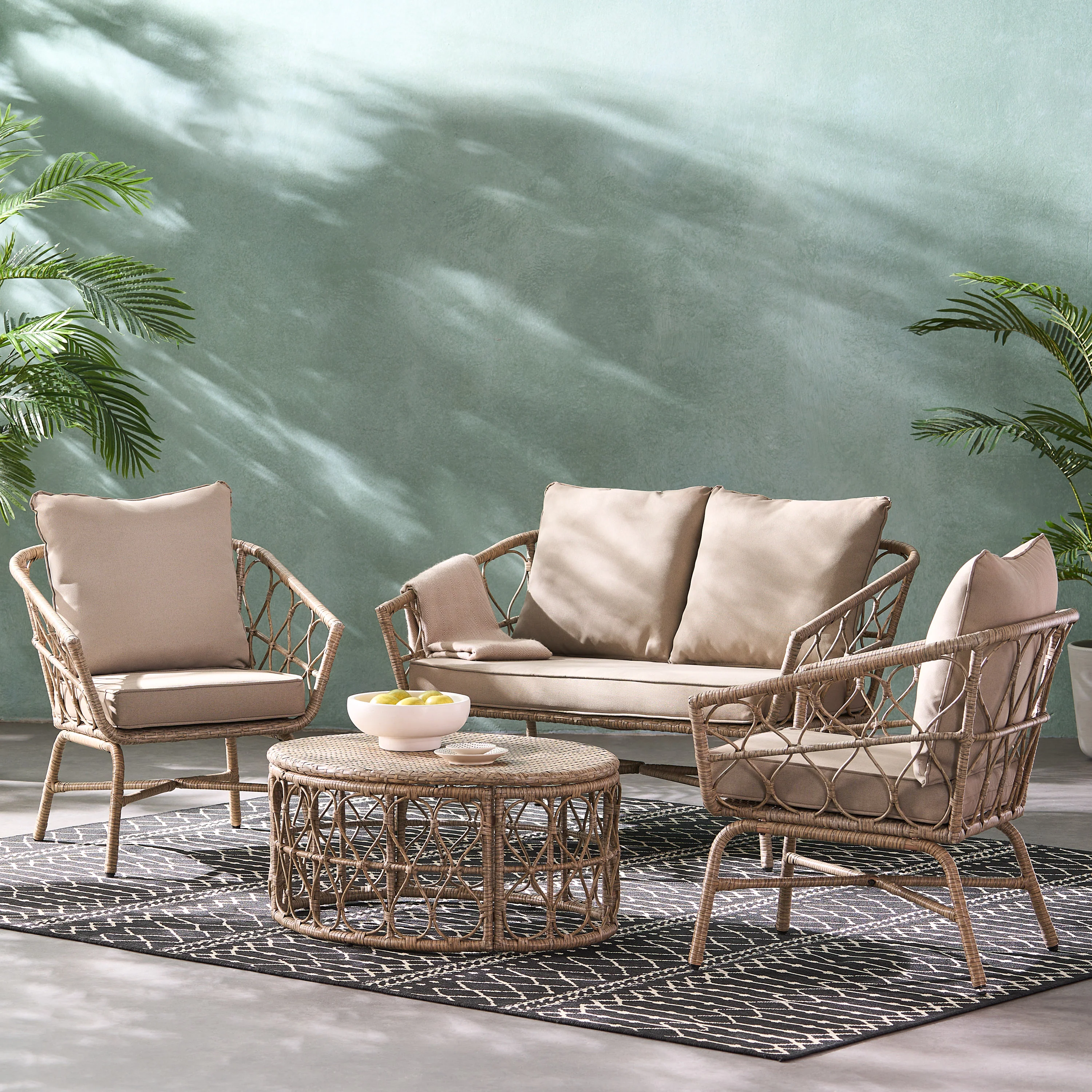 Colmar Outdoor Wicker 4 Seater Chat Set with Cushions, Light Brown and Beige - furnishings