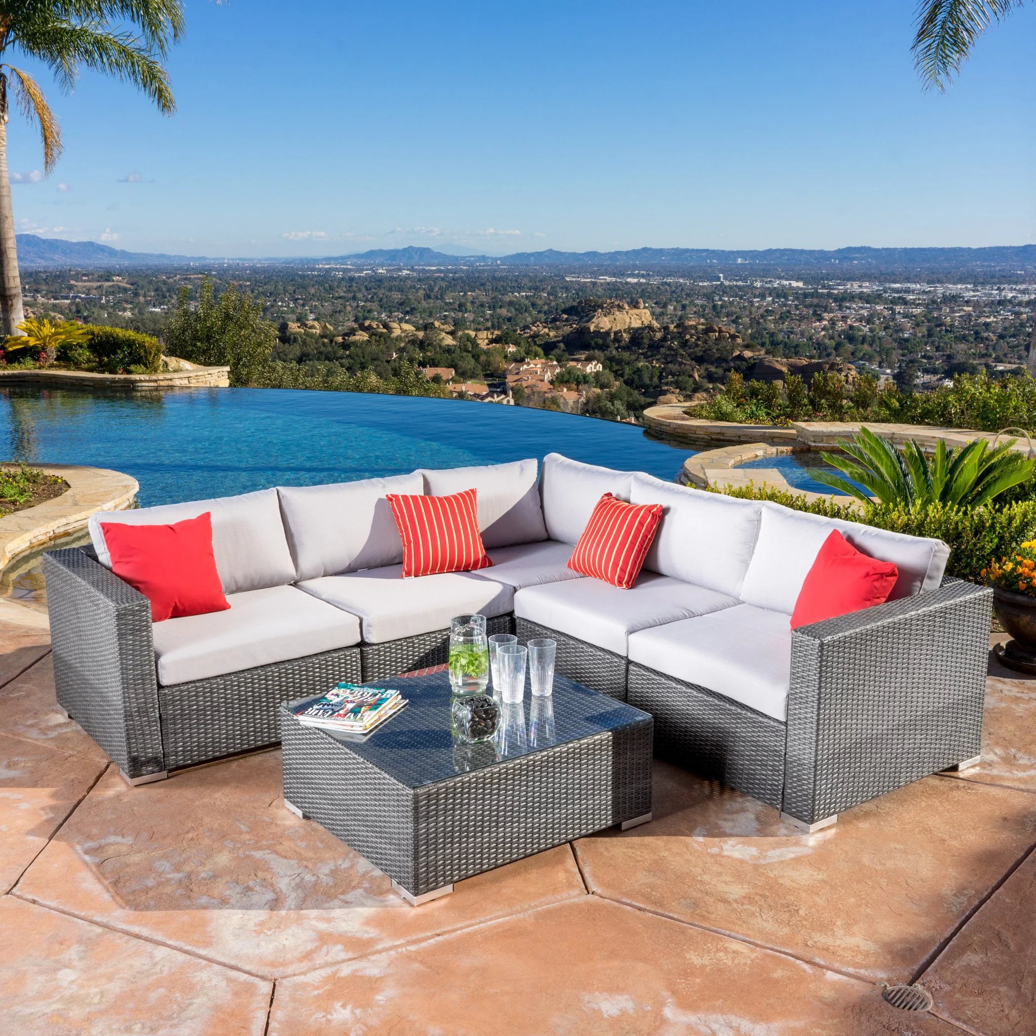 Francisco 6pc Outdoor Grey Wicker Seating Sectional Set w/ Cushions - furnishings