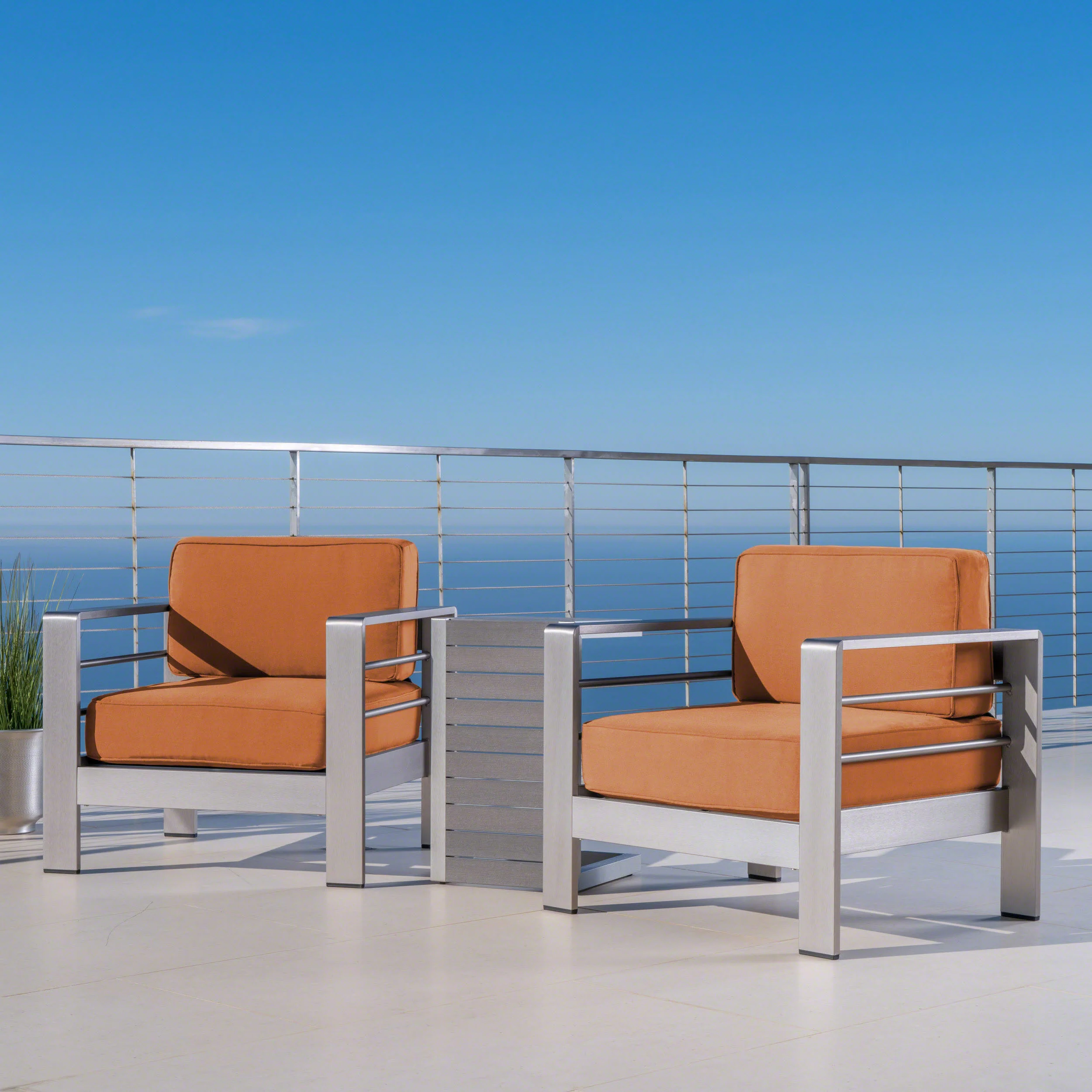 Zona Outdoor Aluminum Club Chairs and Faux Wood Side Table Set with Cushions - furnishings