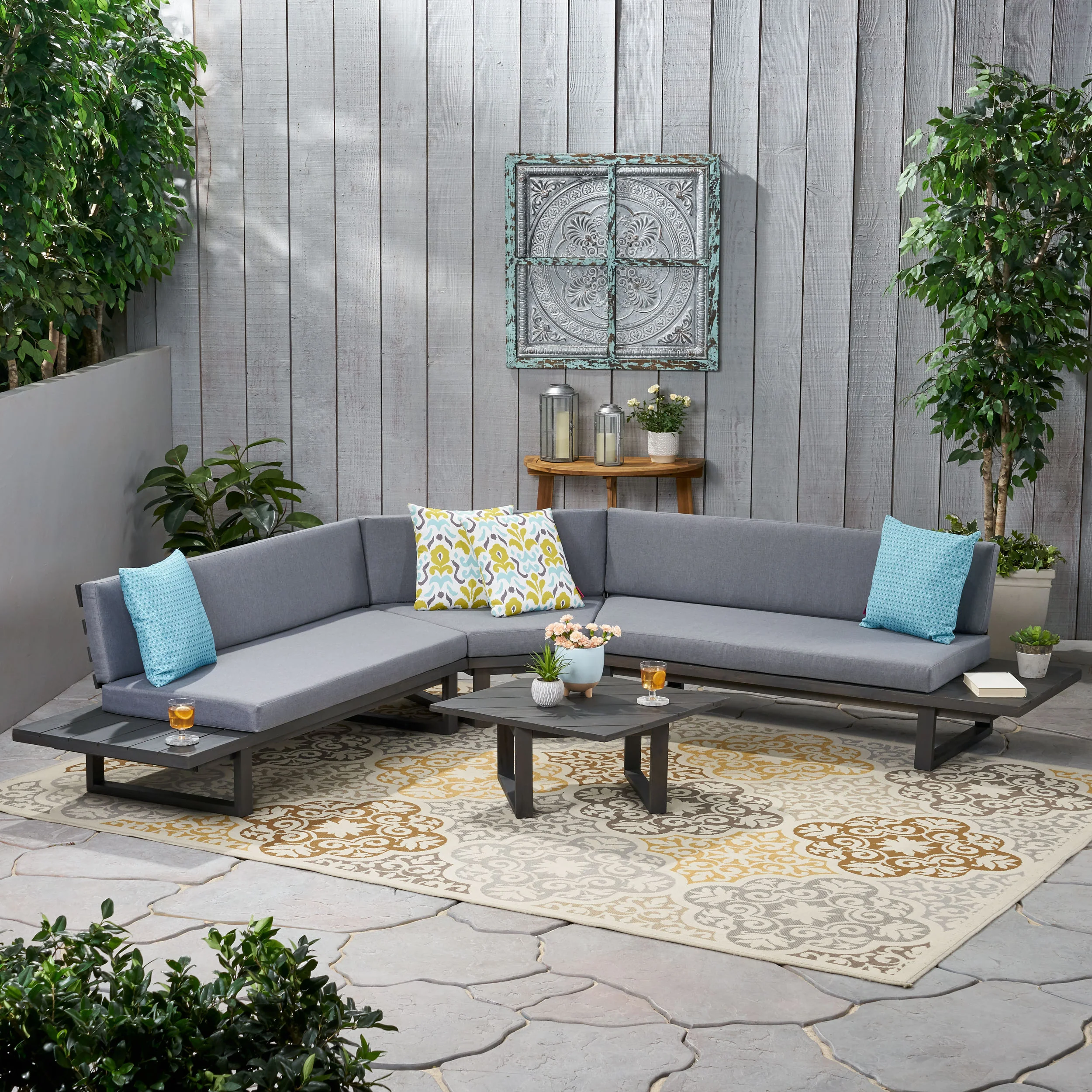 Manna Outdoor Acacia Wood 5 Seater Sectional Sofa Set with Water-Resistant Cushions - furnishings