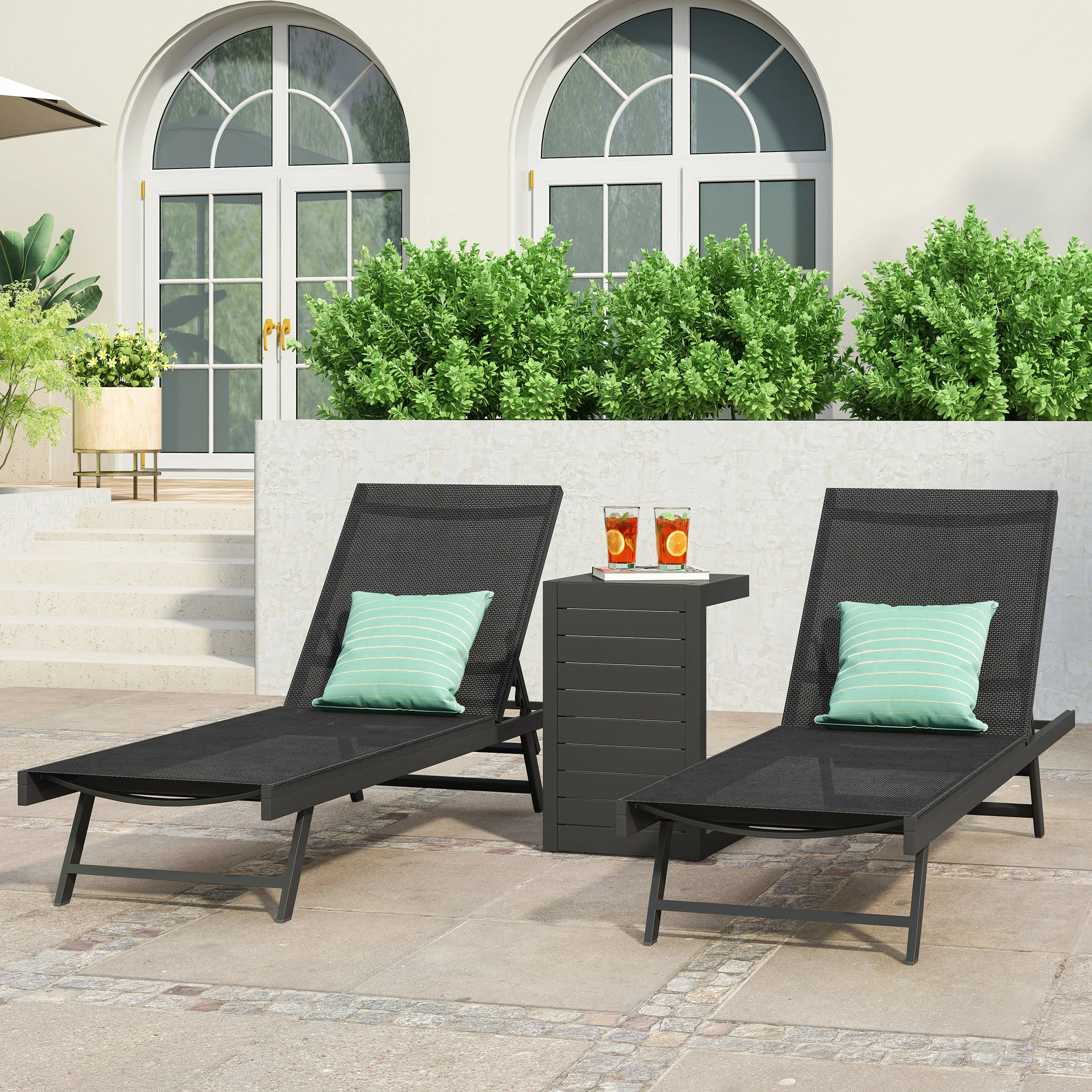Simon Outdoor Aluminum Chaise Lounge Set with C-Shaped End Table - furnishings