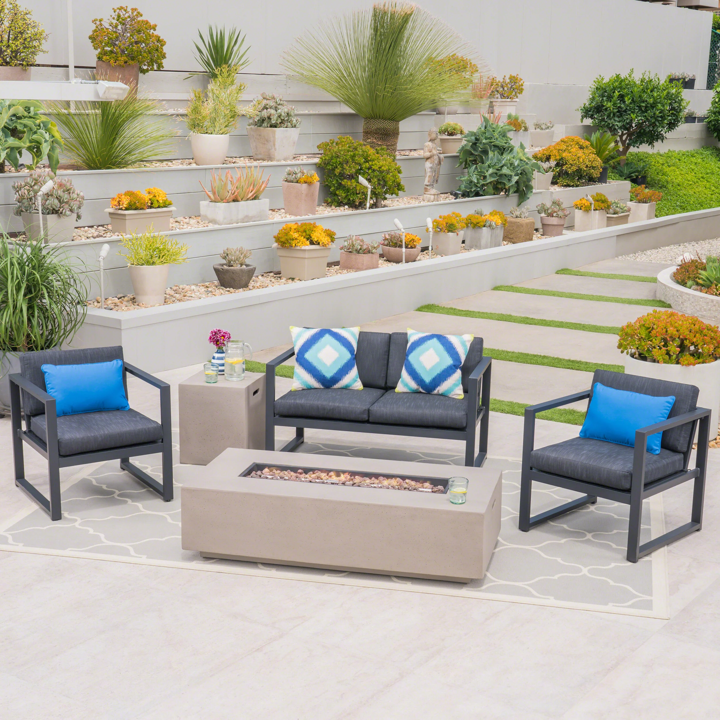 Nealie Outdoor 4-Seater Aluminum Chat Set with Fire Pit and Tank Holder - furnishings