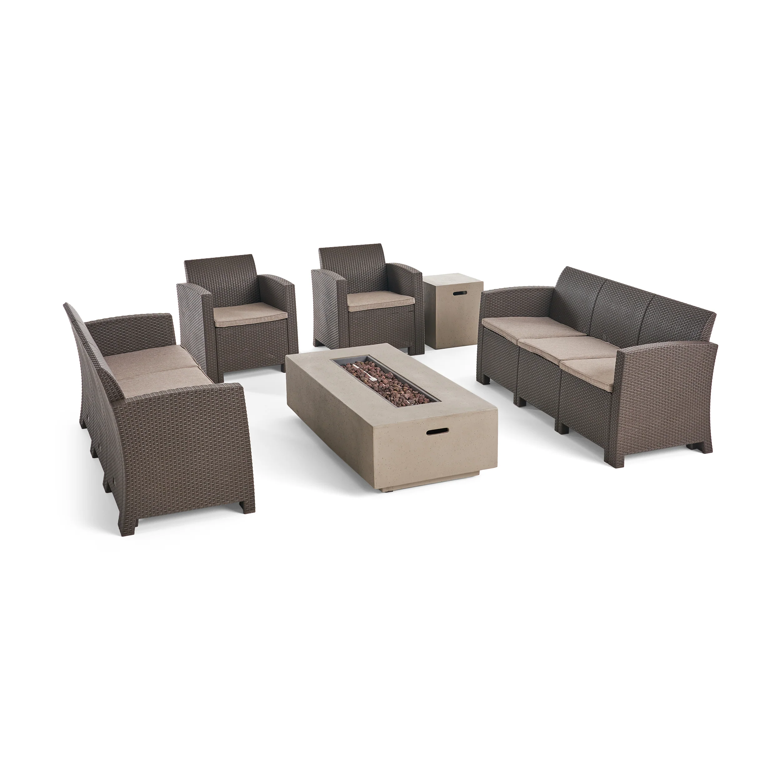 Morena Outdoor 8-Seater Wicker Print Chat Set with Fire Pit and Tank Holder - furnishings