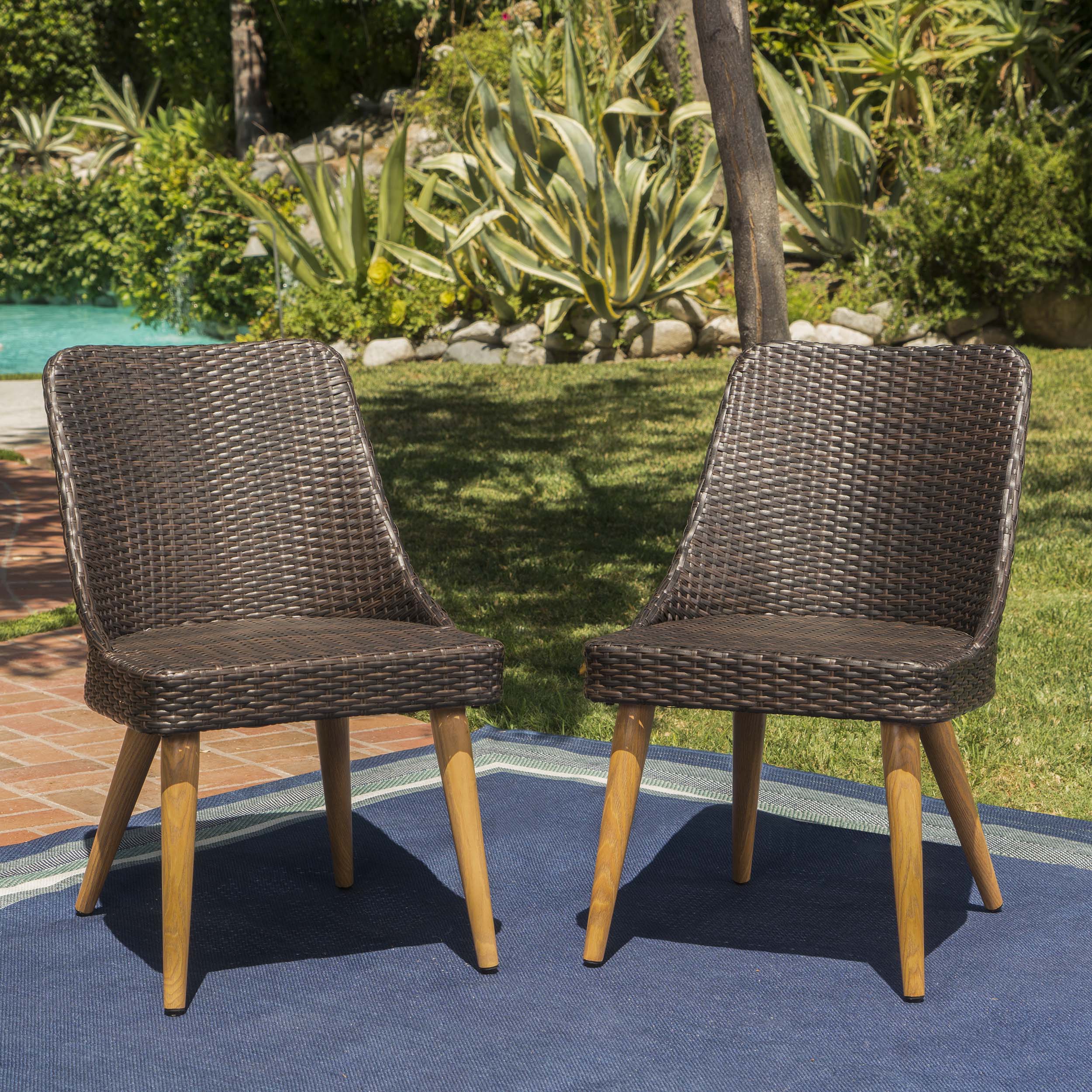 Desmond Outdoor Wicker Dining Chairs with Wood Finished Metal Legs (Set of 2) - furnishings