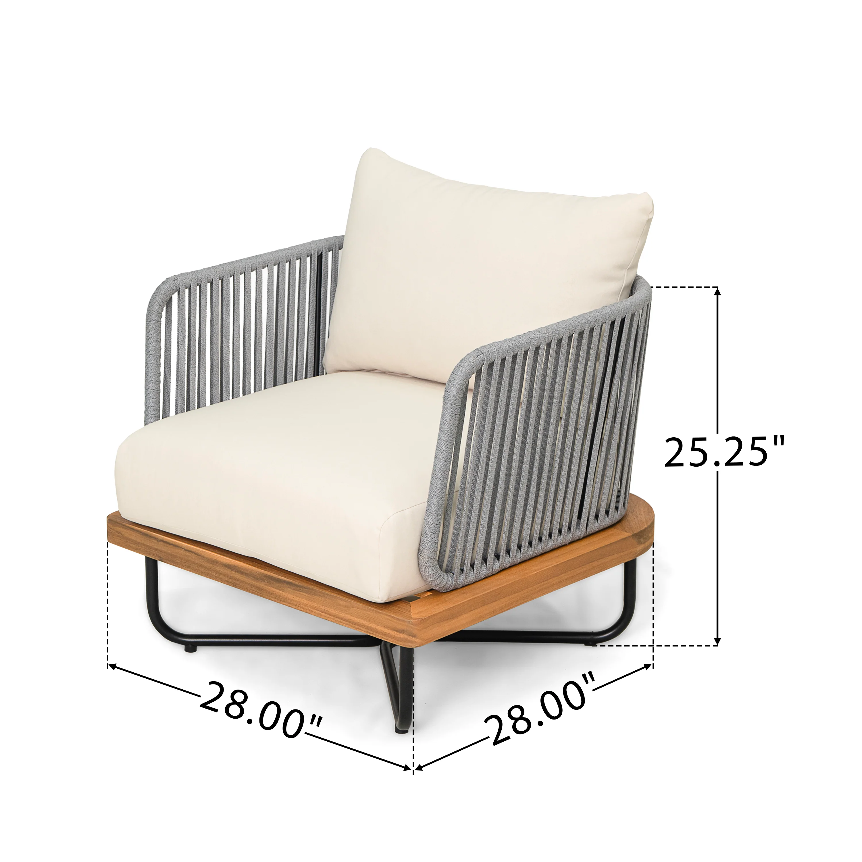 Caiuss Upholstered Outdoor Patio Acacia Wood Club Chair with Iron Base - furnishings