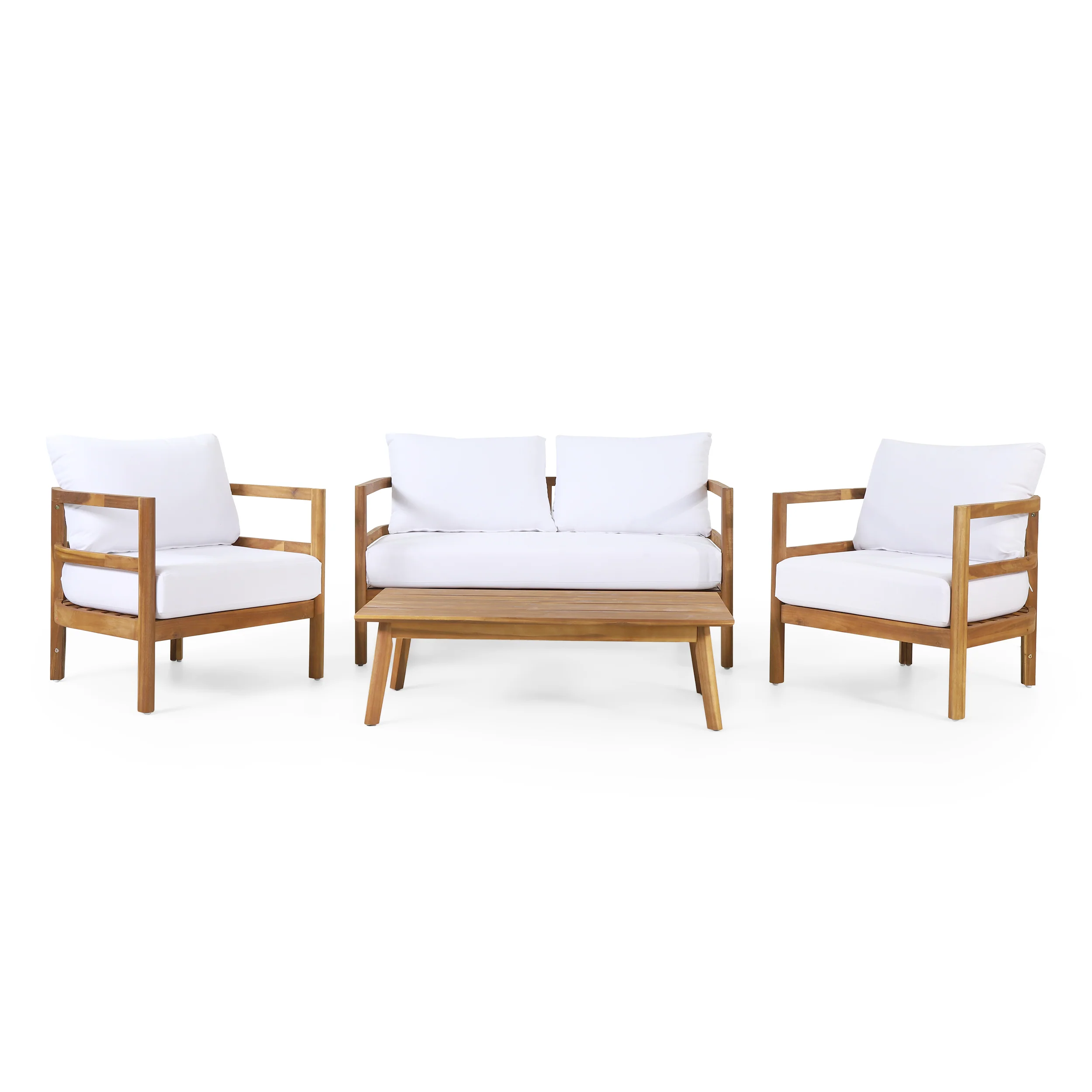 Aggie Outdoor Acacia Wood 4-Seater Chat Set with Cushion, Teak and White - furnishings