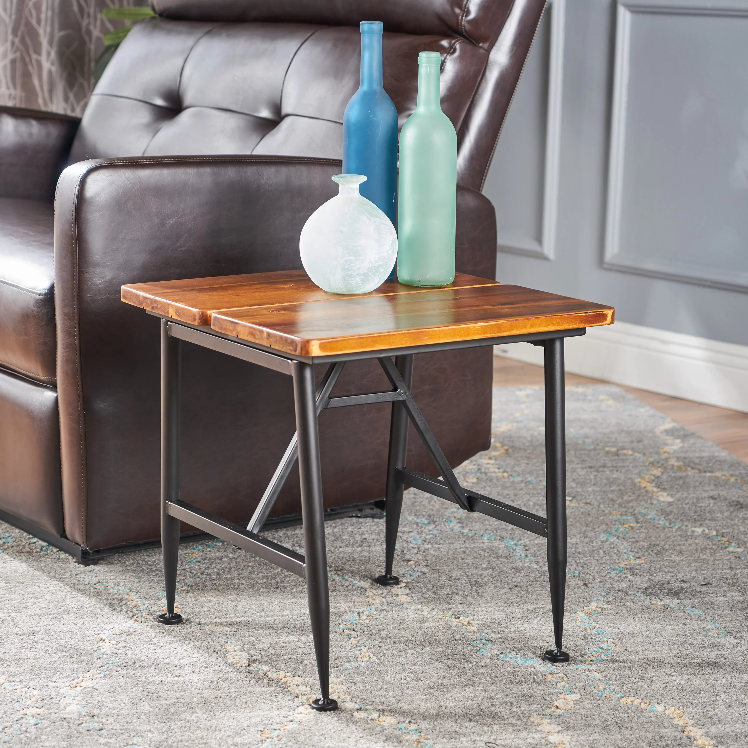 Ellaria Outdoor Rustic Industrial Acacia Wood End Table with Metal Frame, Teak and Black - furnishings