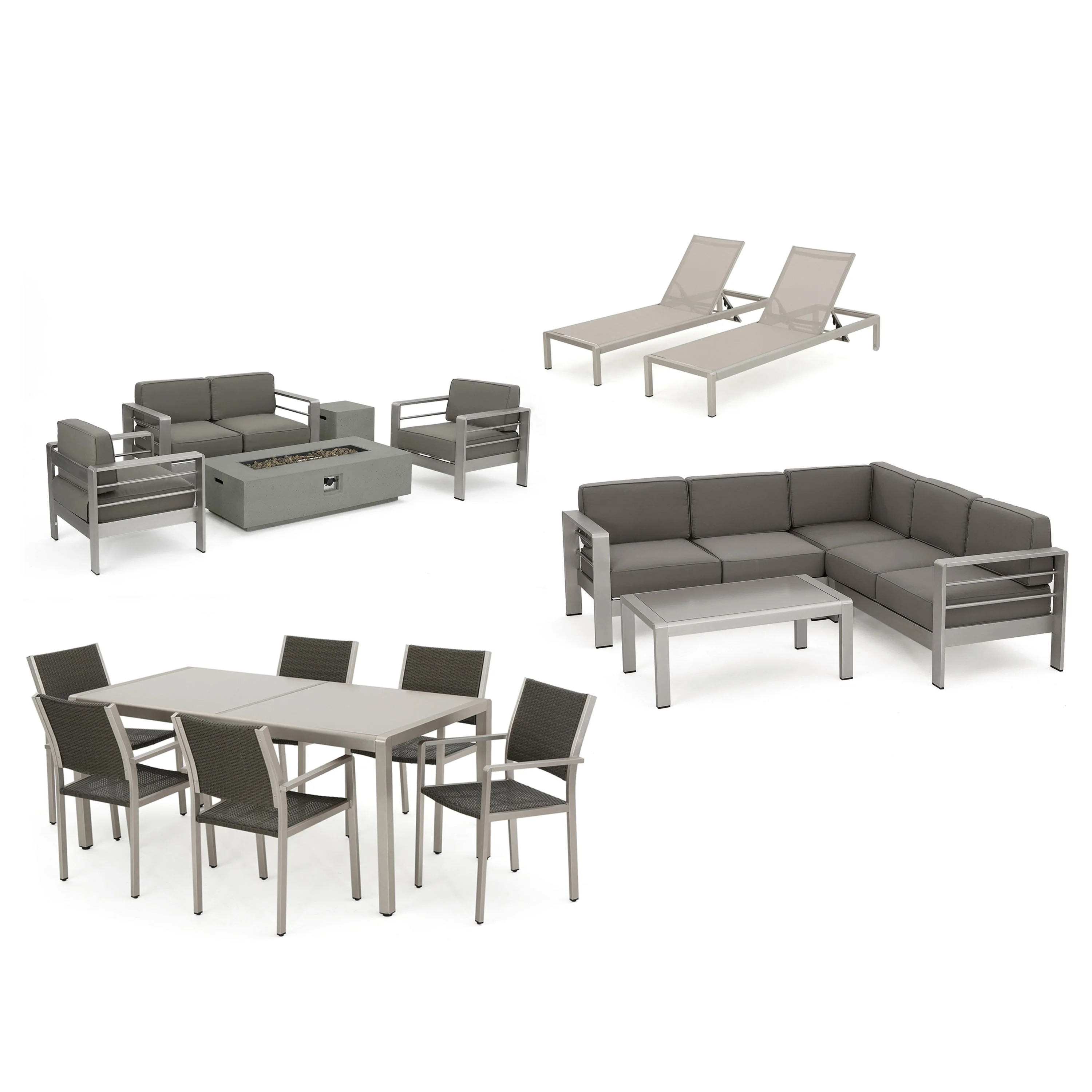 Coral Bay 17-Piece Grand Patio Sectional, Lounge, Dining Set & Light Grey Fire Table - furnishings