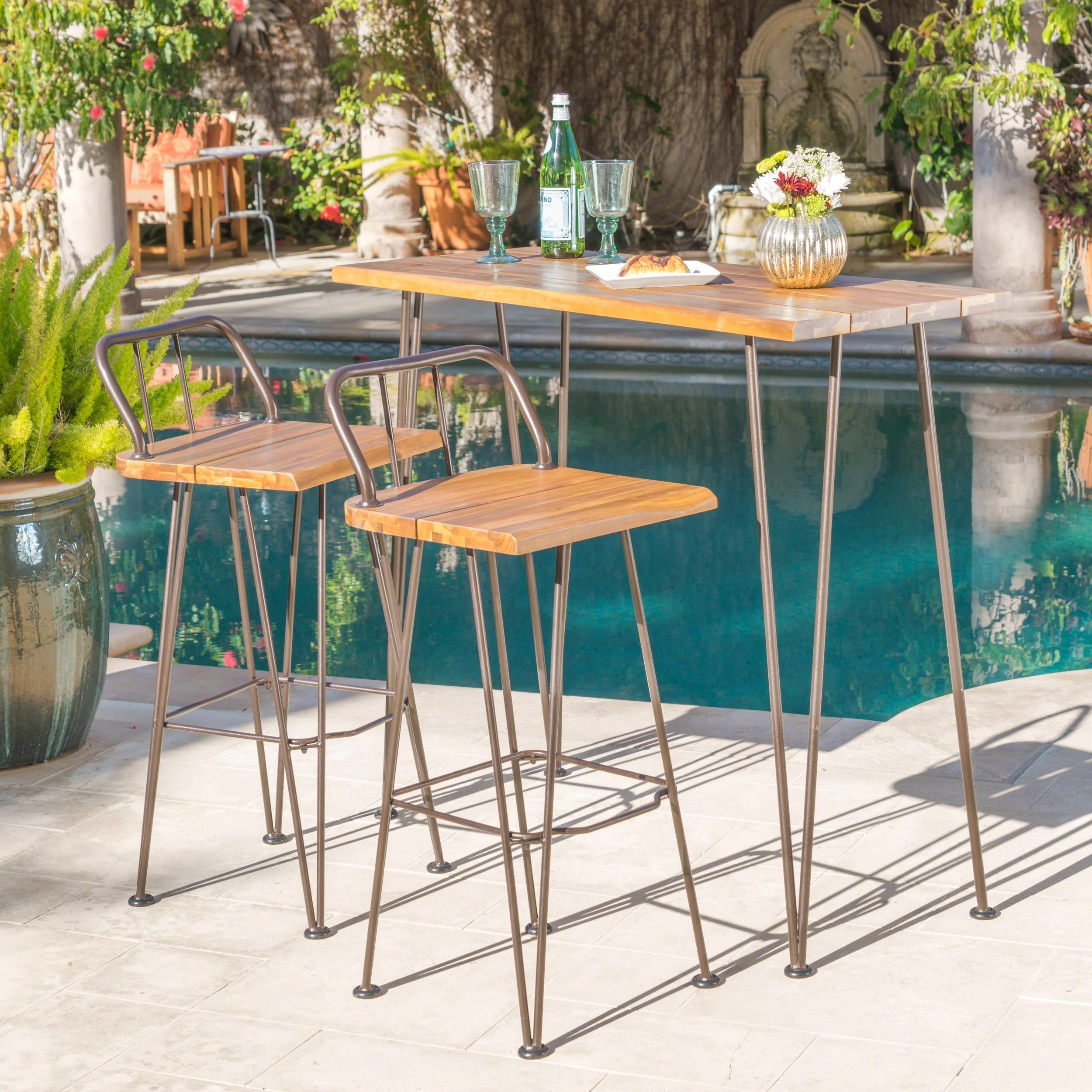 Dione Outdoor Industrial Teak Finished Acacia Wood Bar Set - furnishings