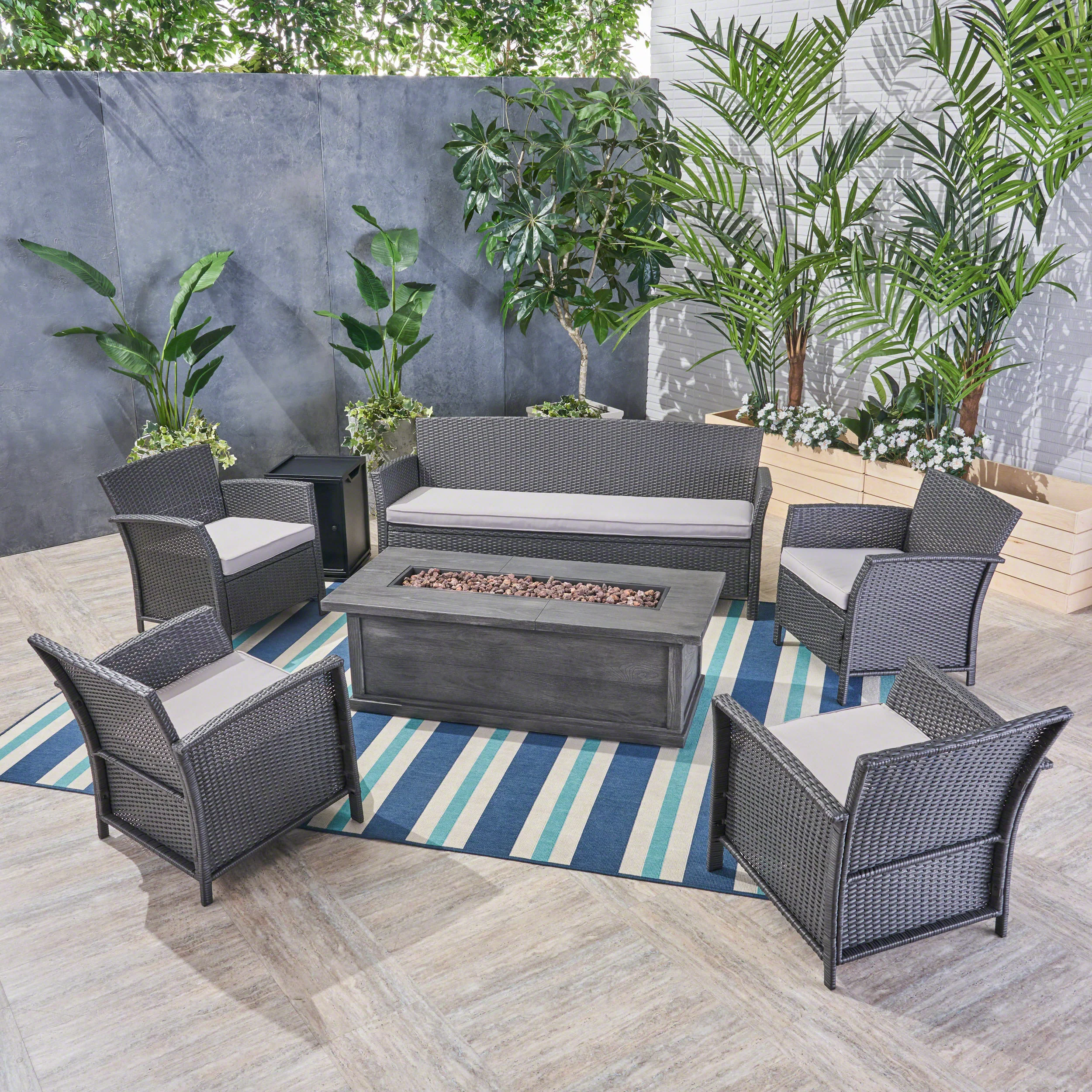 Laiah Outdoor 7 Seater Wicker Chat Set with Fire Pit - furnishings