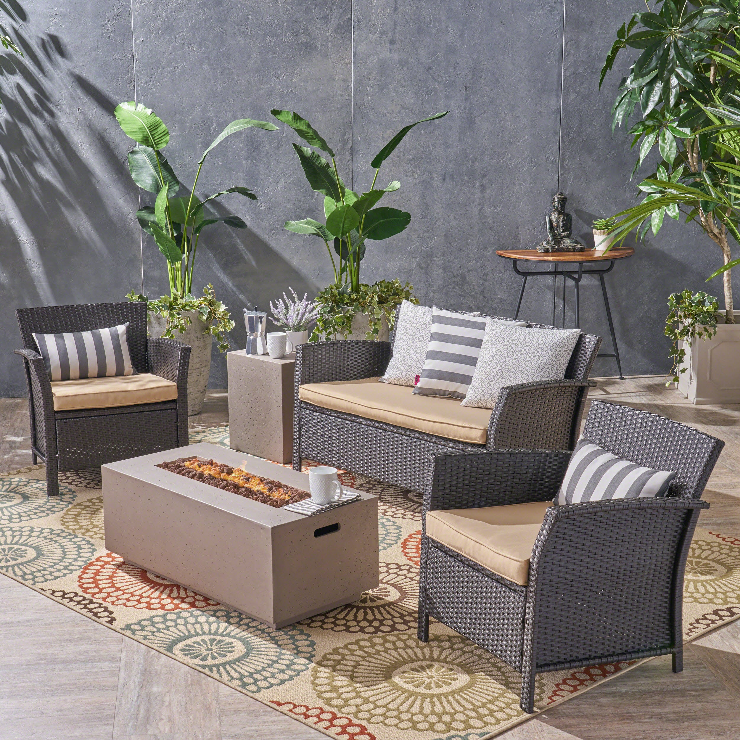 Laiah Outdoor 4 Seater Wicker Chat Set with Fire Pit - furnishings