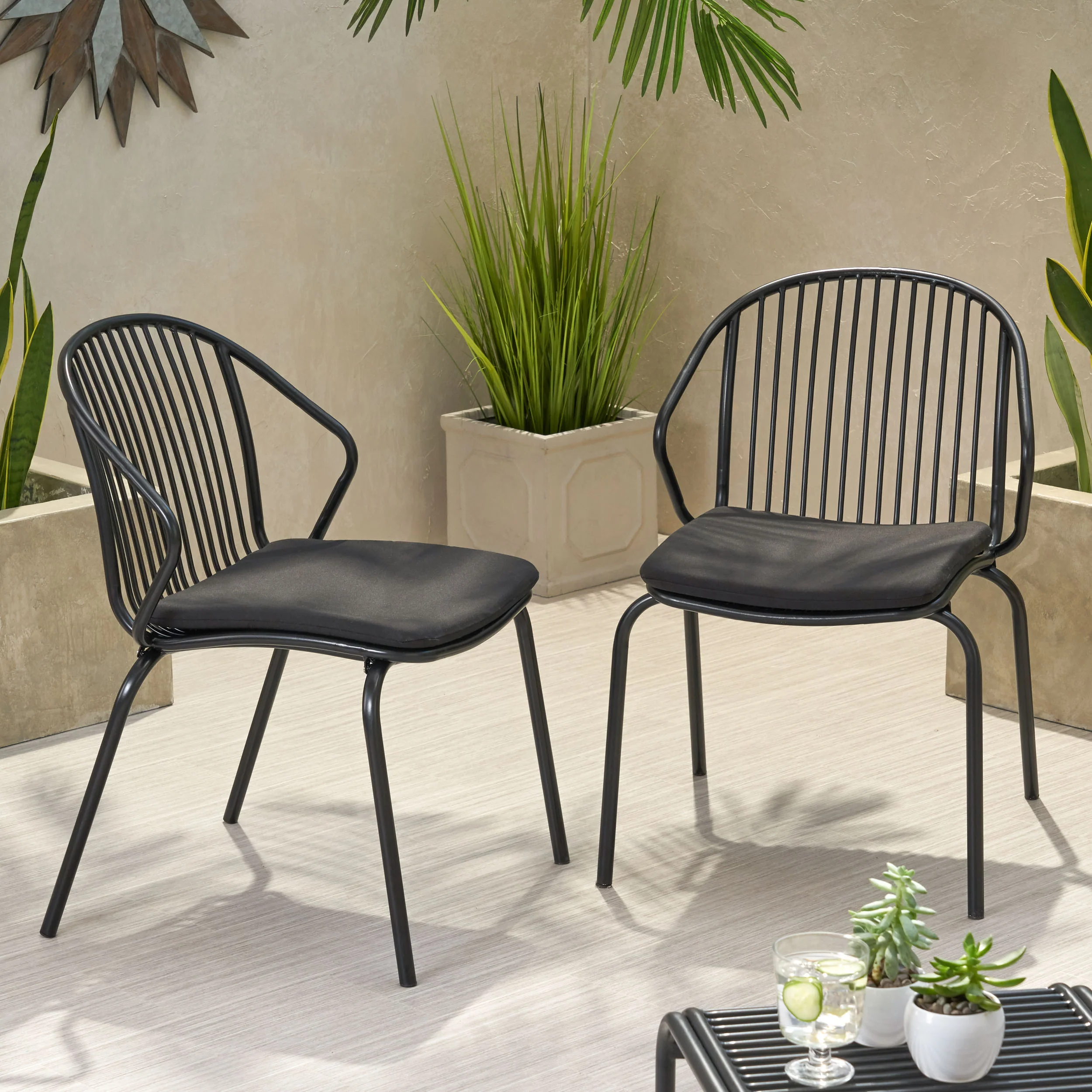 Emily Outdoor Modern Iron Club Chair with Cushion (Set of 2) - furnishings