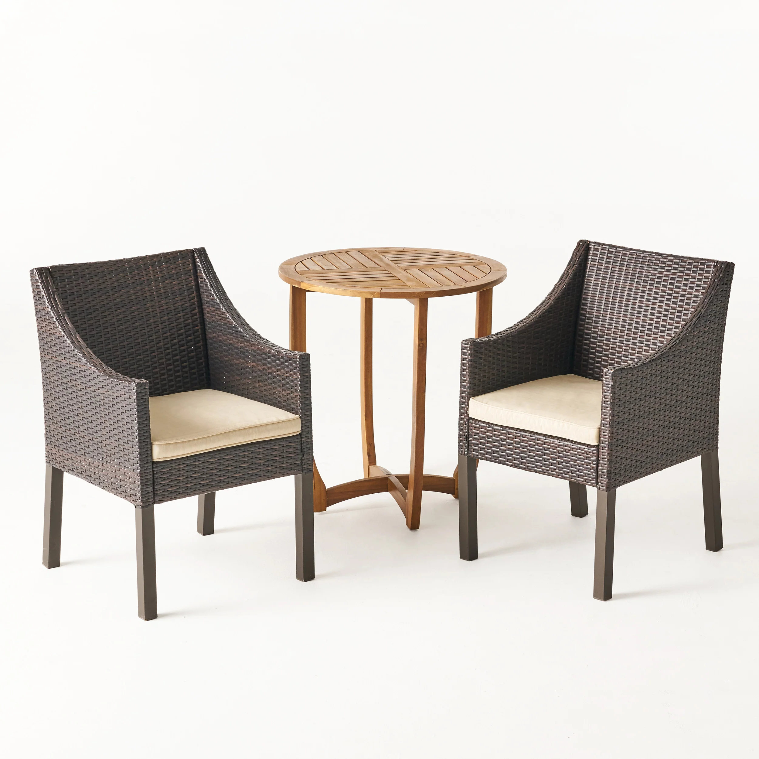 Bossier Outdoor 3 Piece Acacia Wood/ Wicker Bistro Set with Cushions, Teak Finish and Multibrown with Beige - furnishings