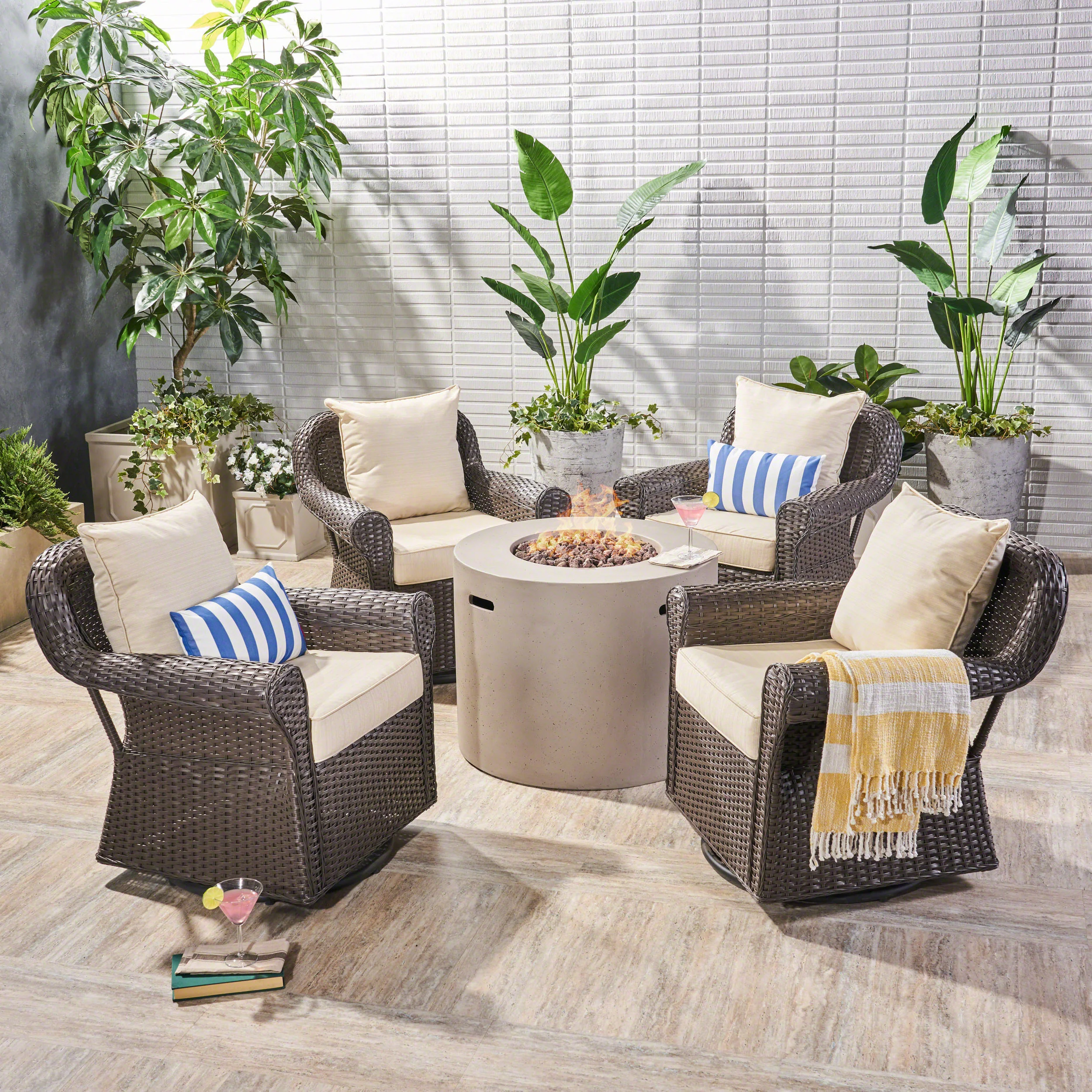 Harding Outdoor 4 Piece Swivel Club Chair Set with Round Fire Pit - furnishings
