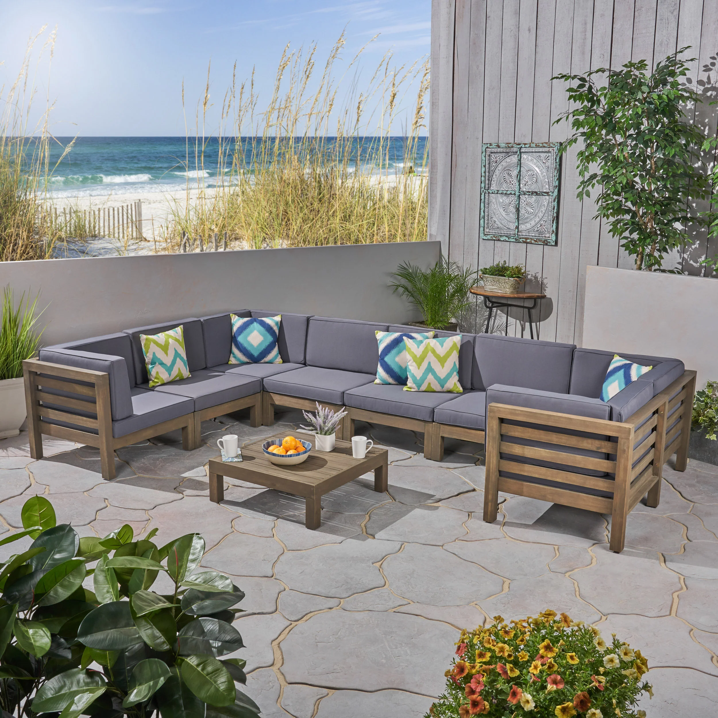 Dawson Outdoor U-Shaped Sectional Sofa Set with Coffee Table - 9-Piece 8-Seater - Acacia Wood - Outdoor Cushions - furnishings