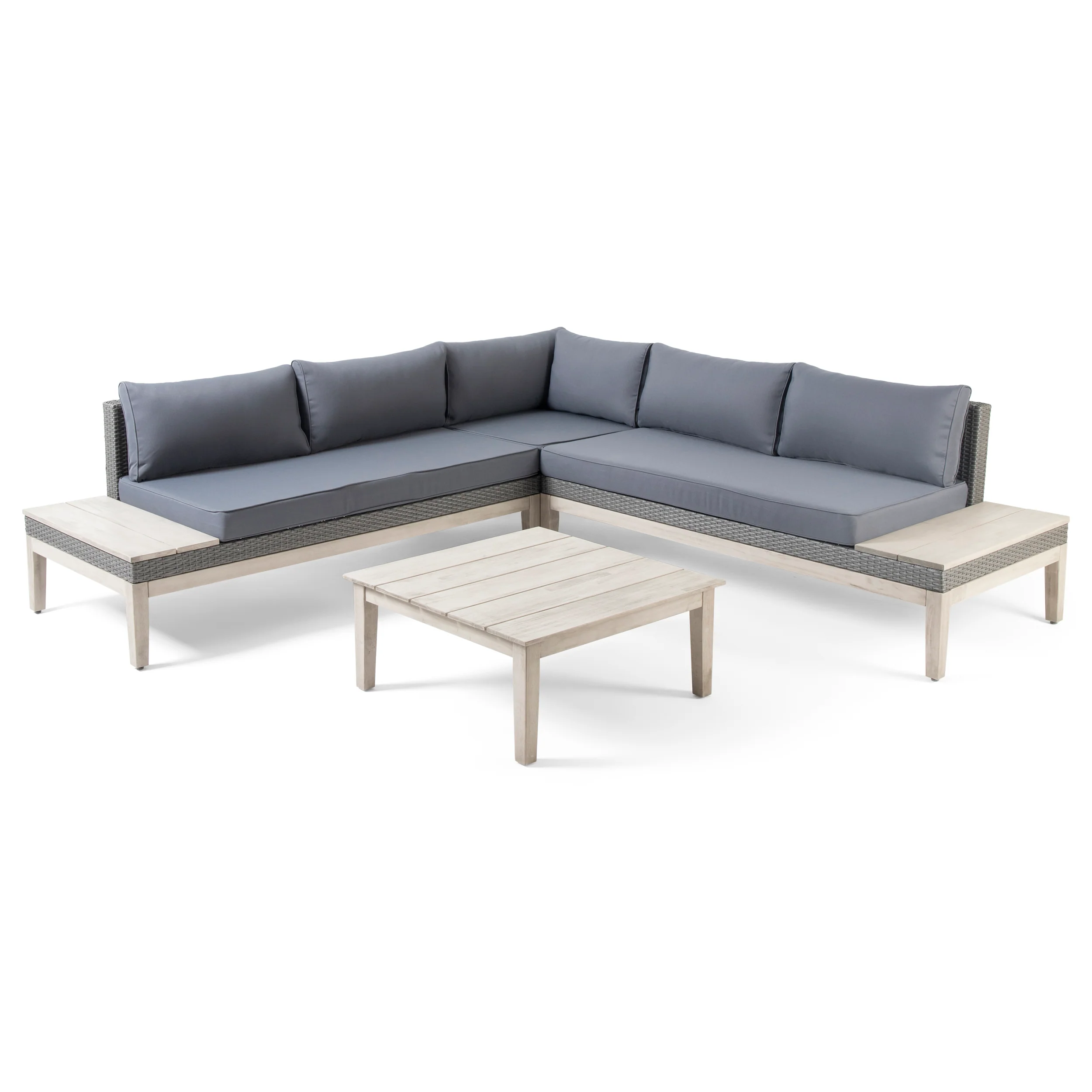 Emanuel Outdoor Acacia Wood and Wicker 5 Seater Sectional Sofa Set with Water-Resistant Cushions - furnishings