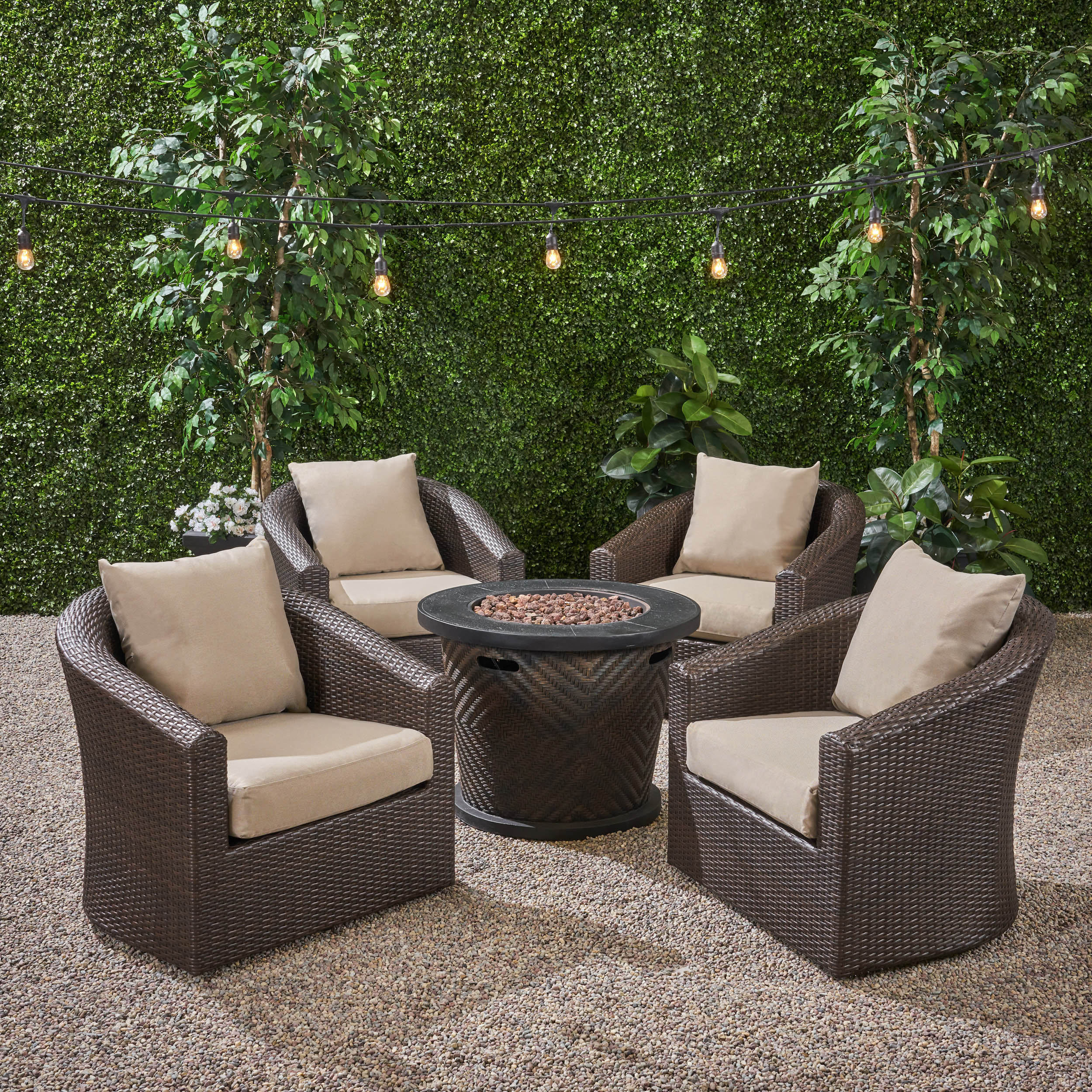 Liyam Outdoor 4 Piece Wicker Swivel Chair Set with Fire Pit, Multi Brown and Brown - furnishings