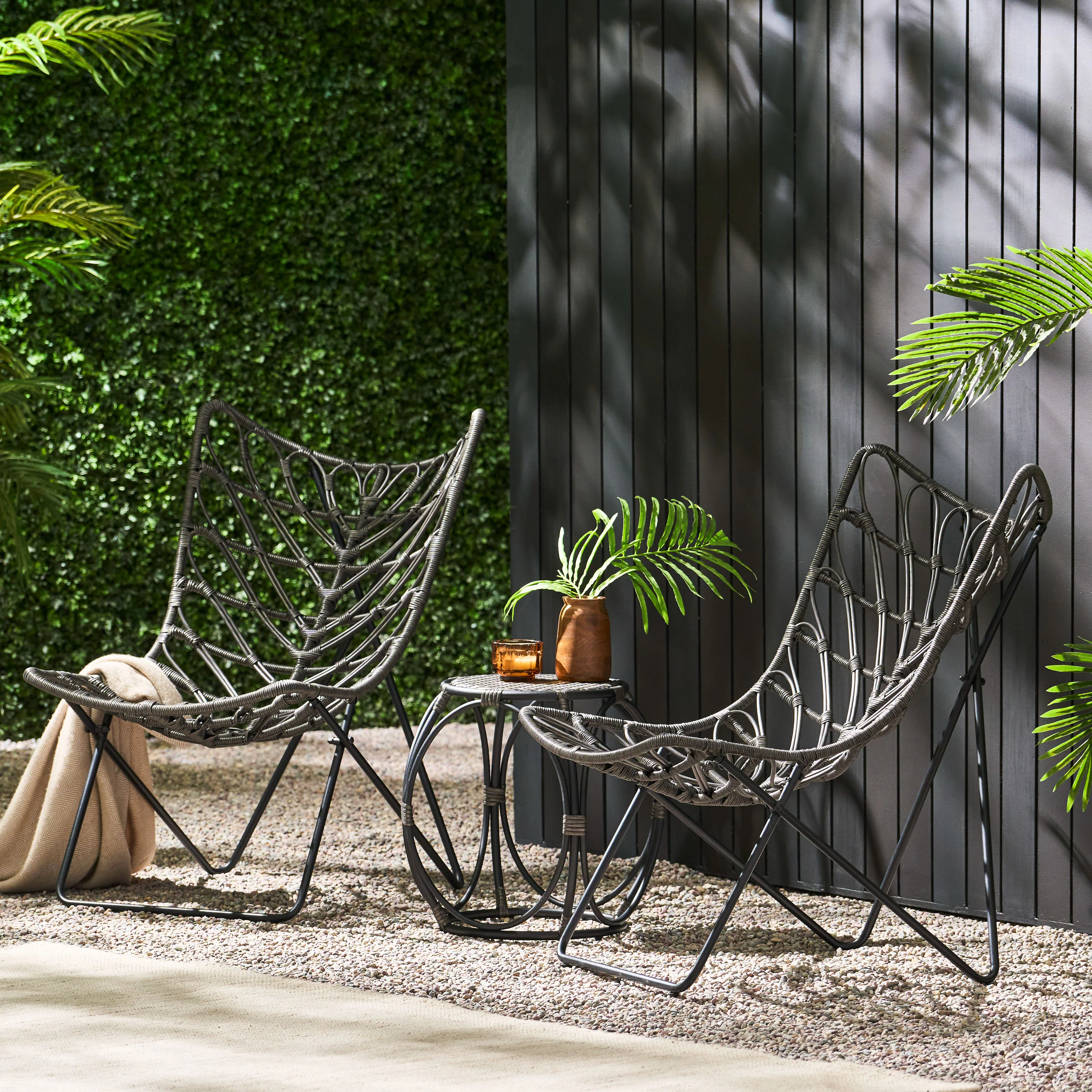 Danbury Outdoor Boho Modern Wicker 3 Piece Chat Set - furnishings