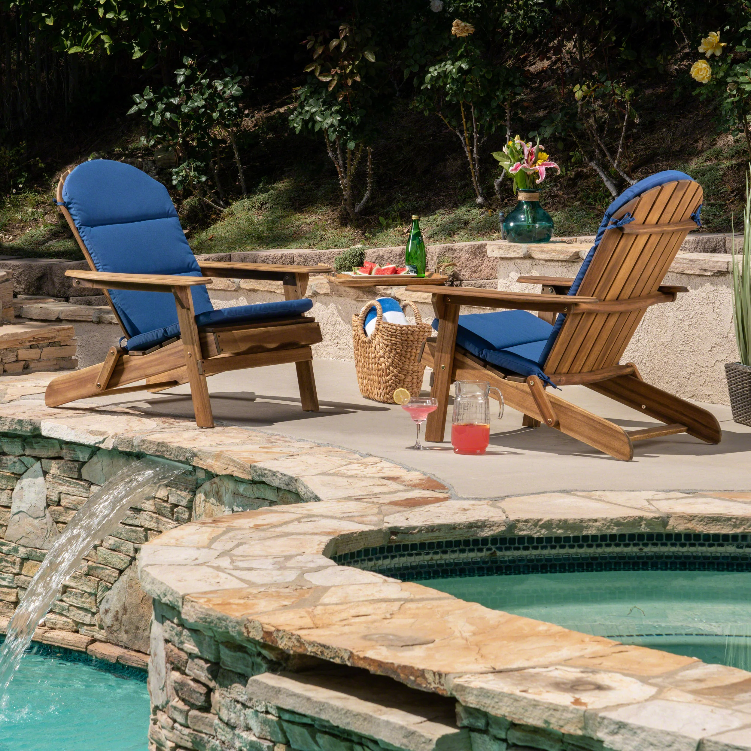 Amenda Outdoor Acacia Wood Folding Adirondack Chairs with Cushions - furnishings
