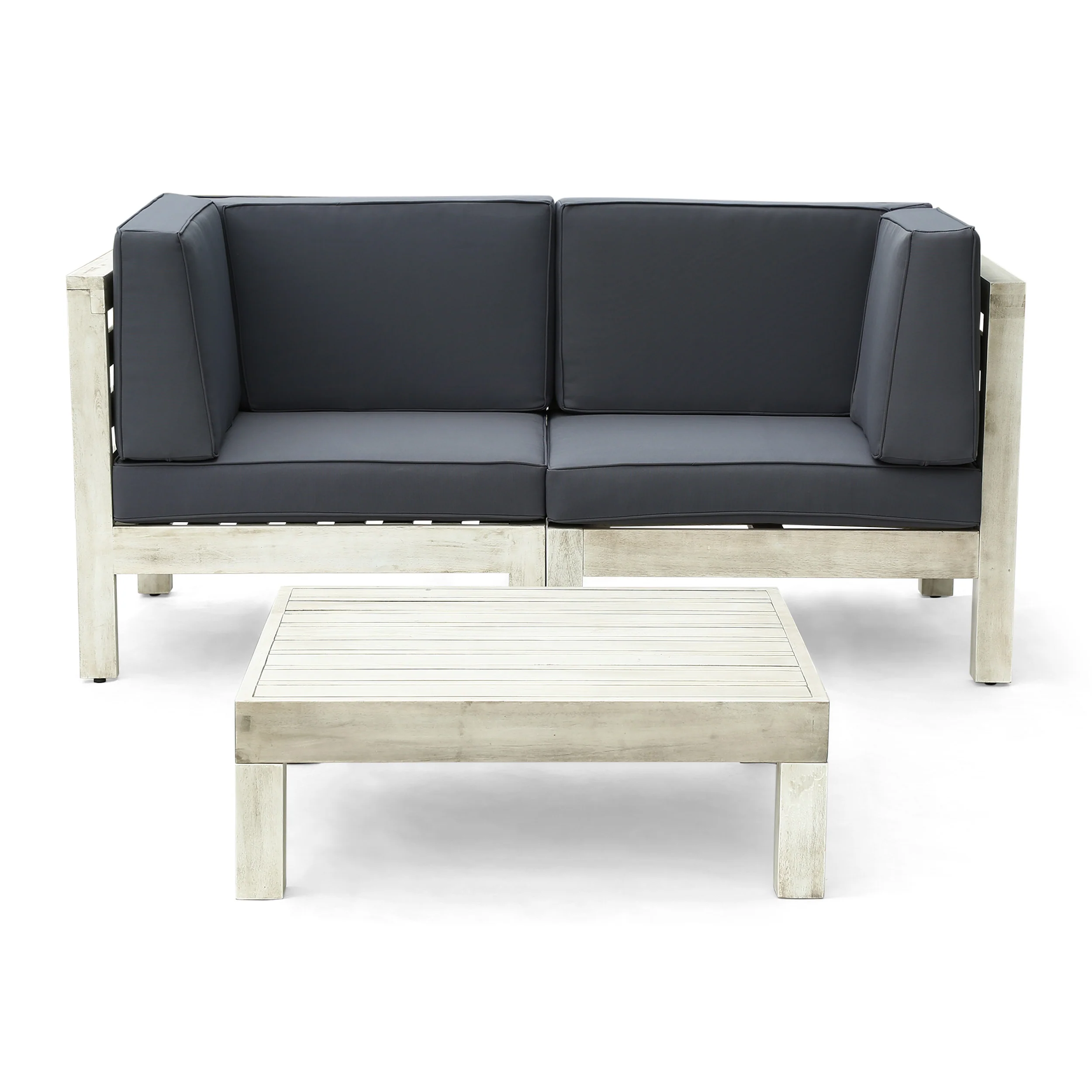 Dawson Outdoor Sectional Love Seat Set with Coffee Table - 3-Piece 2-Seater - Acacia Wood - Outdoor Cushions - furnishings