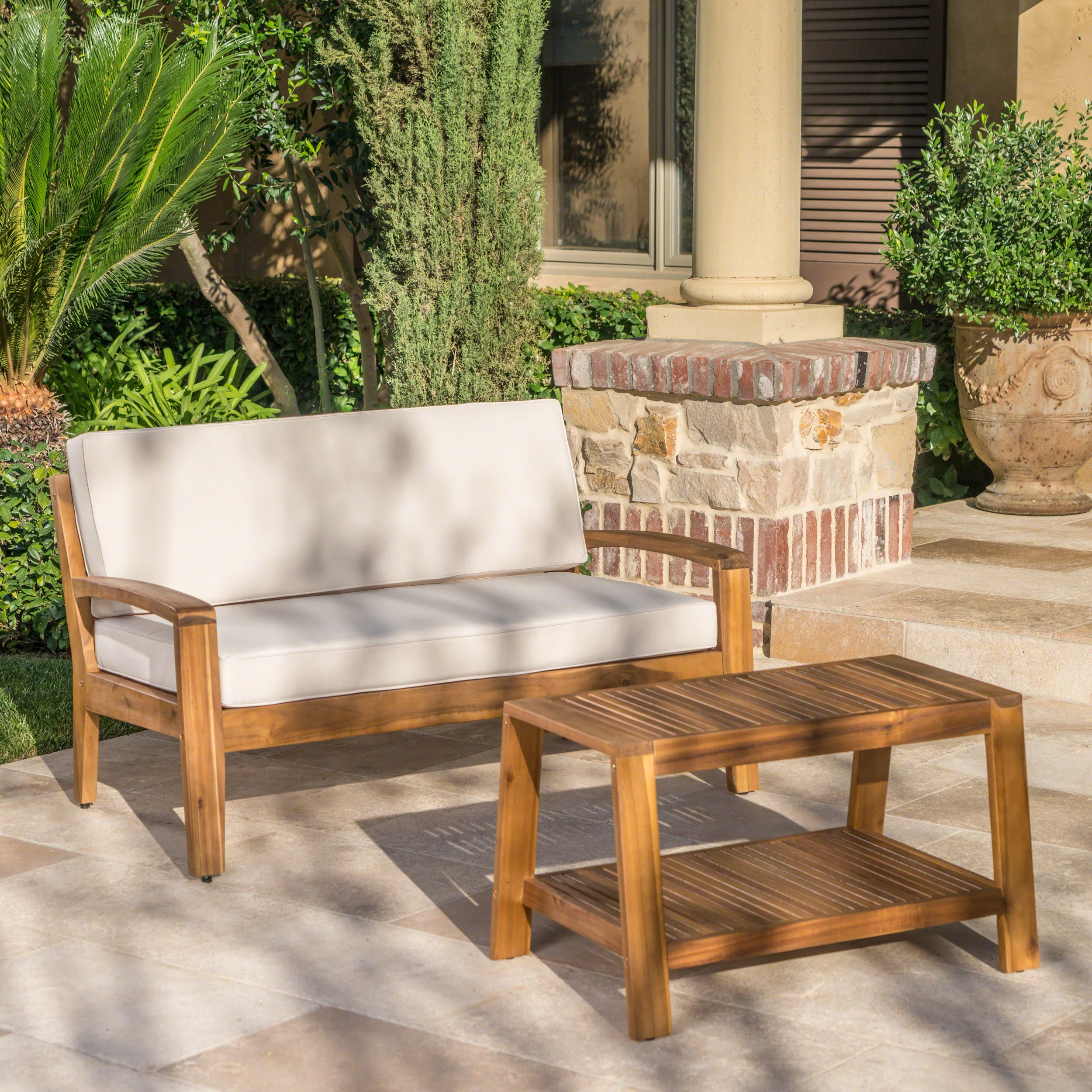 Christian Outdoor Acacia Wood Loveseat and Coffee Table Set with Cushions - furnishings