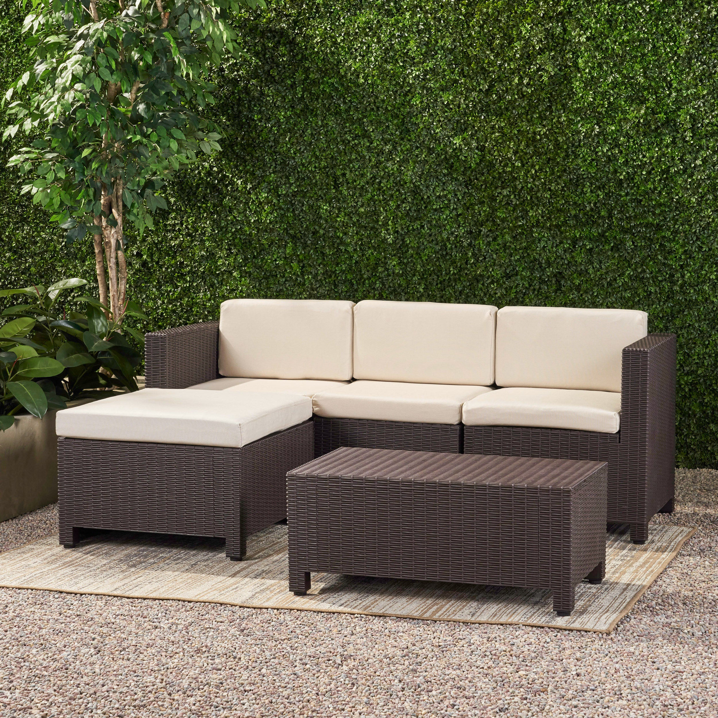 Russel Outdoor Injection Molded Small Space 3 Seater L Shaped Sectional, Dark Brown and Beige - furnishings