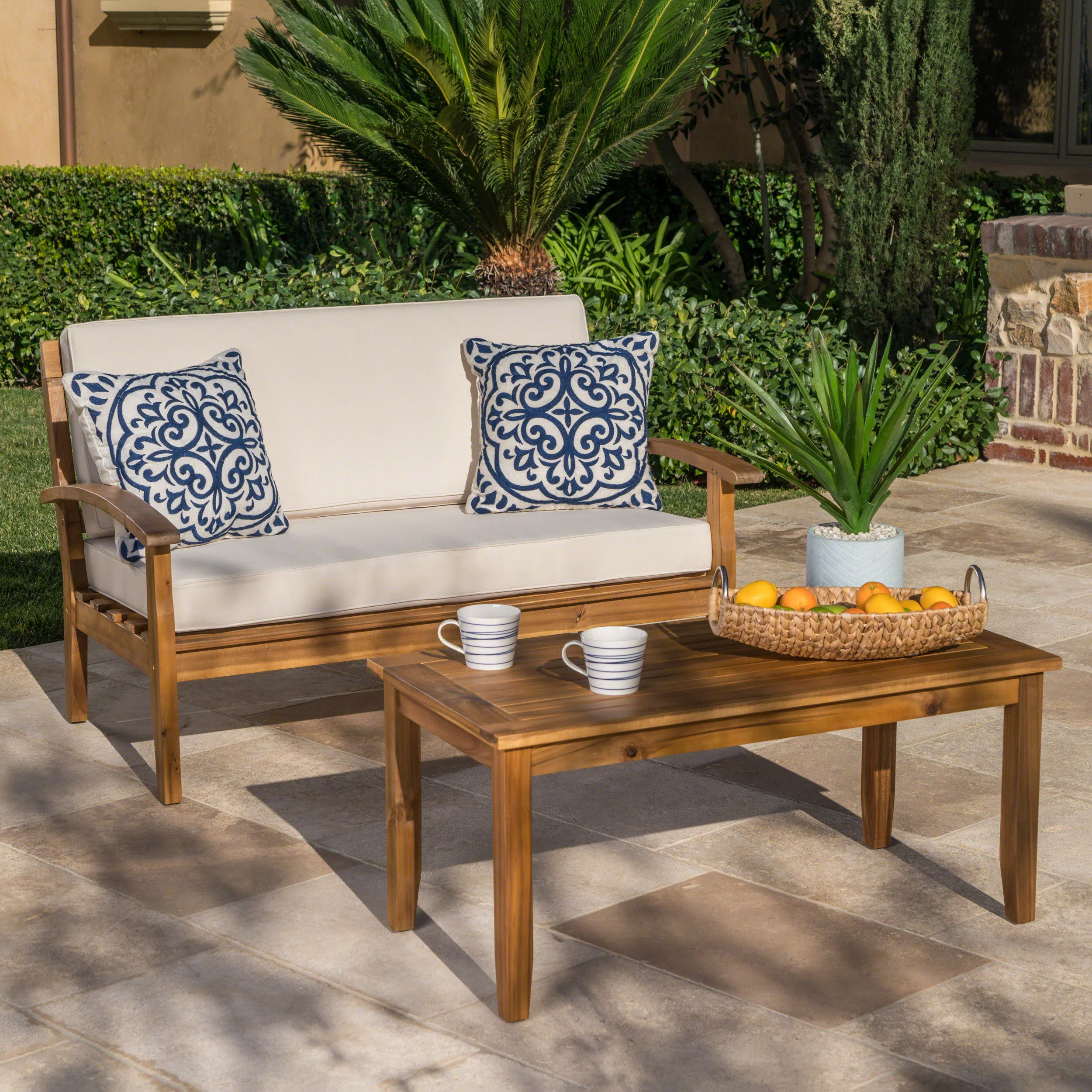 Keanu Outdoor Acacia Wood Loveseat and Coffee Table Set with Cushions - furnishings