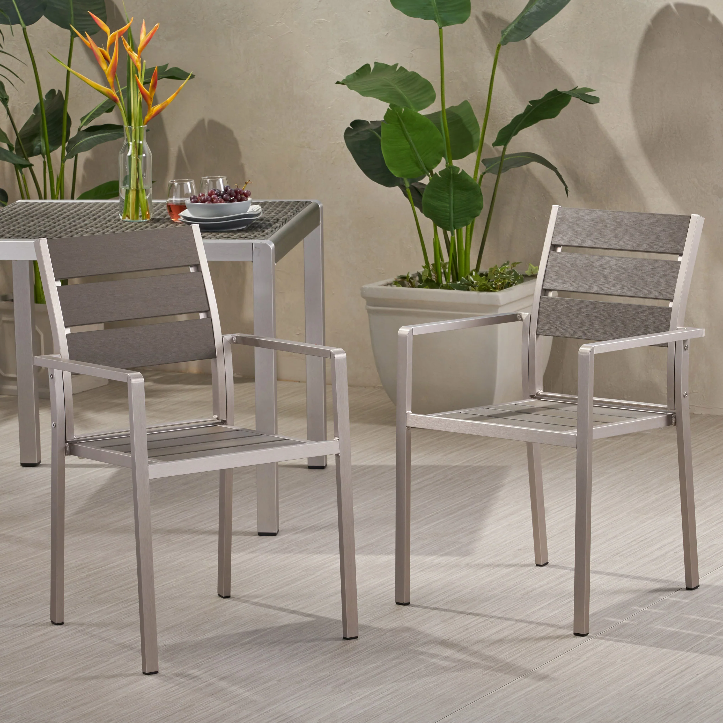 Cherie Outdoor Modern Aluminum Dining Chair with Faux Wood Seat (Set of 2) - furnishings