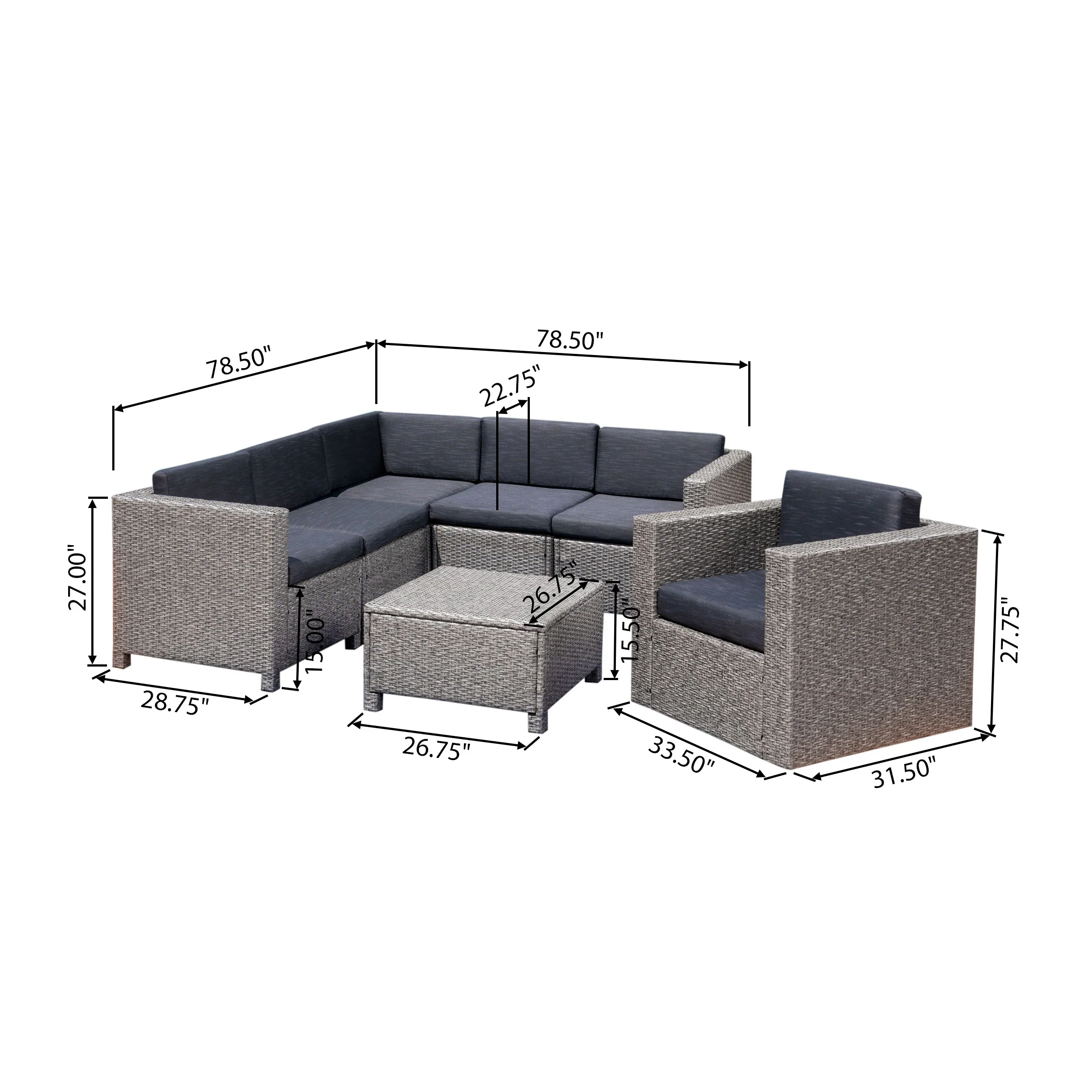 Phillips Outdoor 6 Seater Wicker V-Shaped Sofa and Swivel Chair Set with Water Resistant Cushions - furnishings
