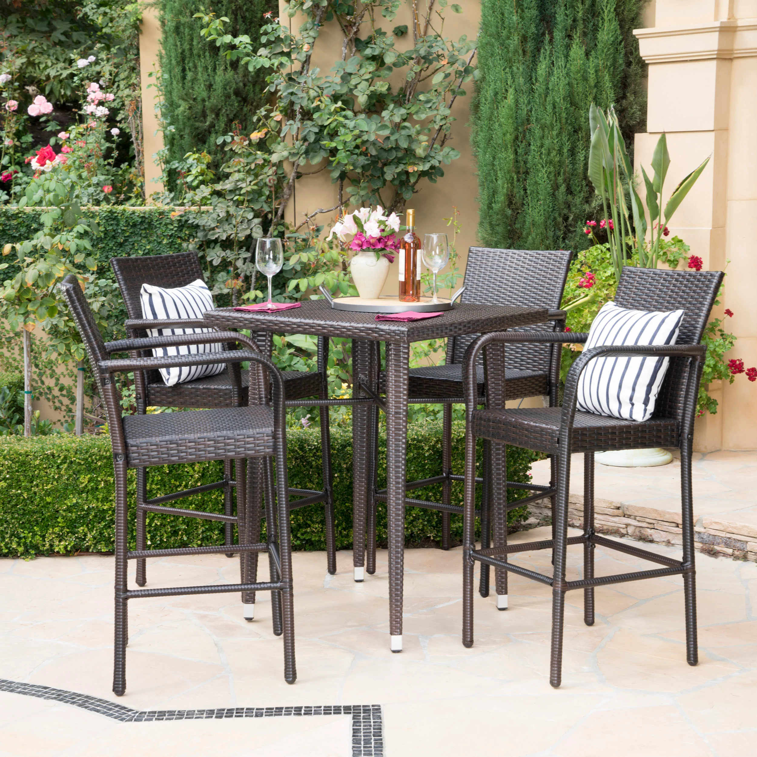 Valkyrien Outdoor 5 Piece Multi-brown Wicker Square Bar Table Set - furnishings