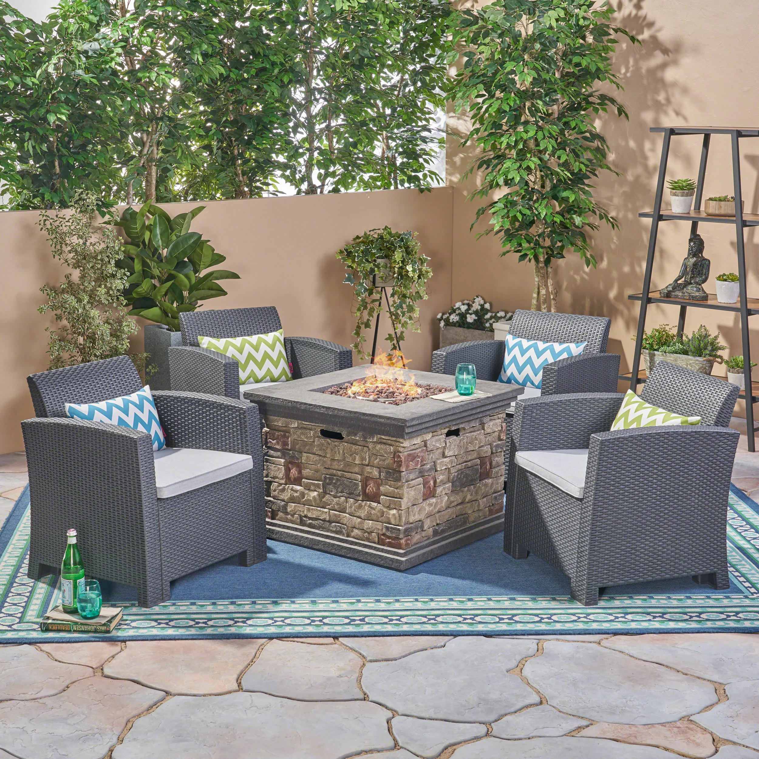 Casey Outdoor 4-Seater Wicker Print Club Chair Chat Set with Fire Pit - furnishings