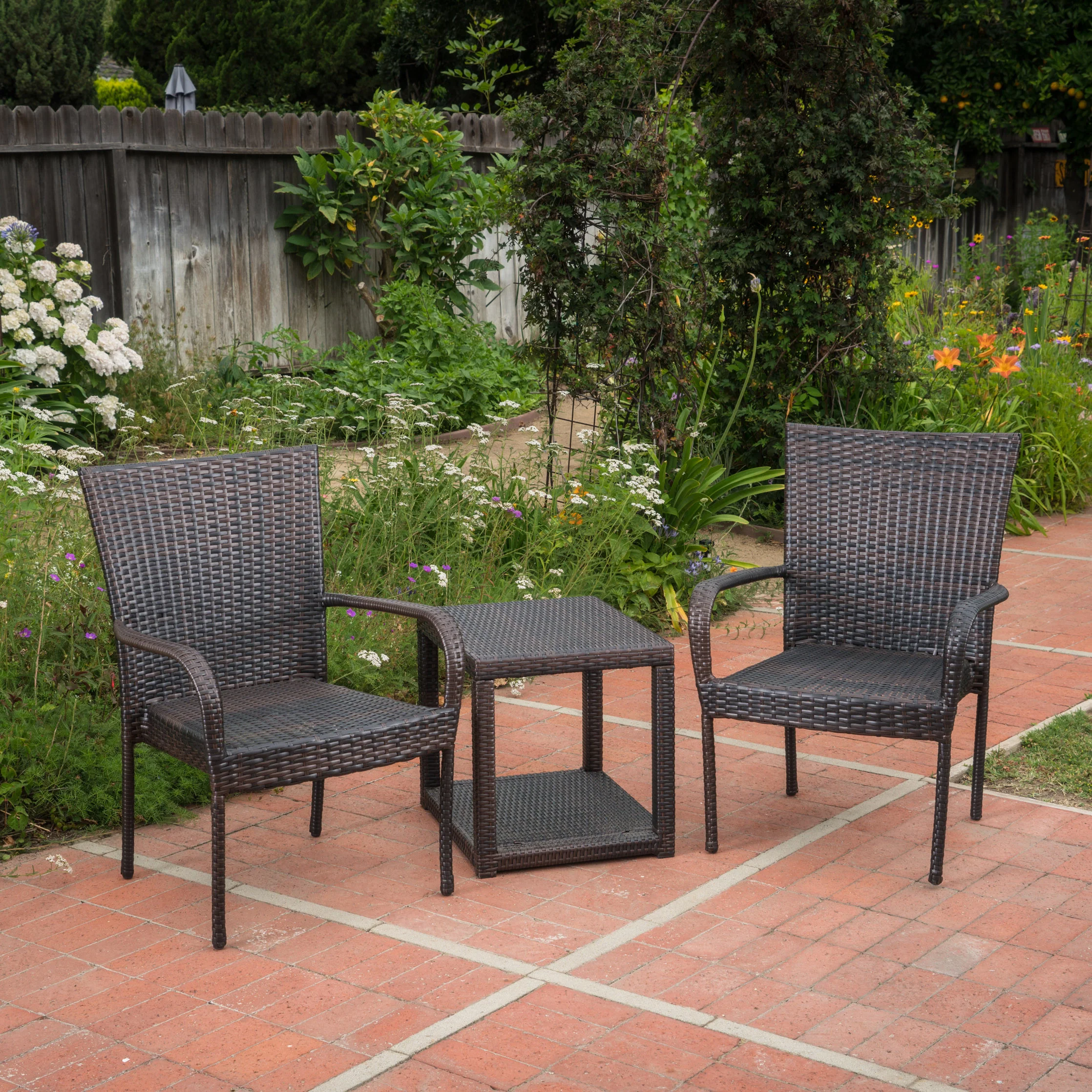 Parham Outdoor 3 Piece Multi-brown Wicker Stacking Chair Chat Set - furnishings