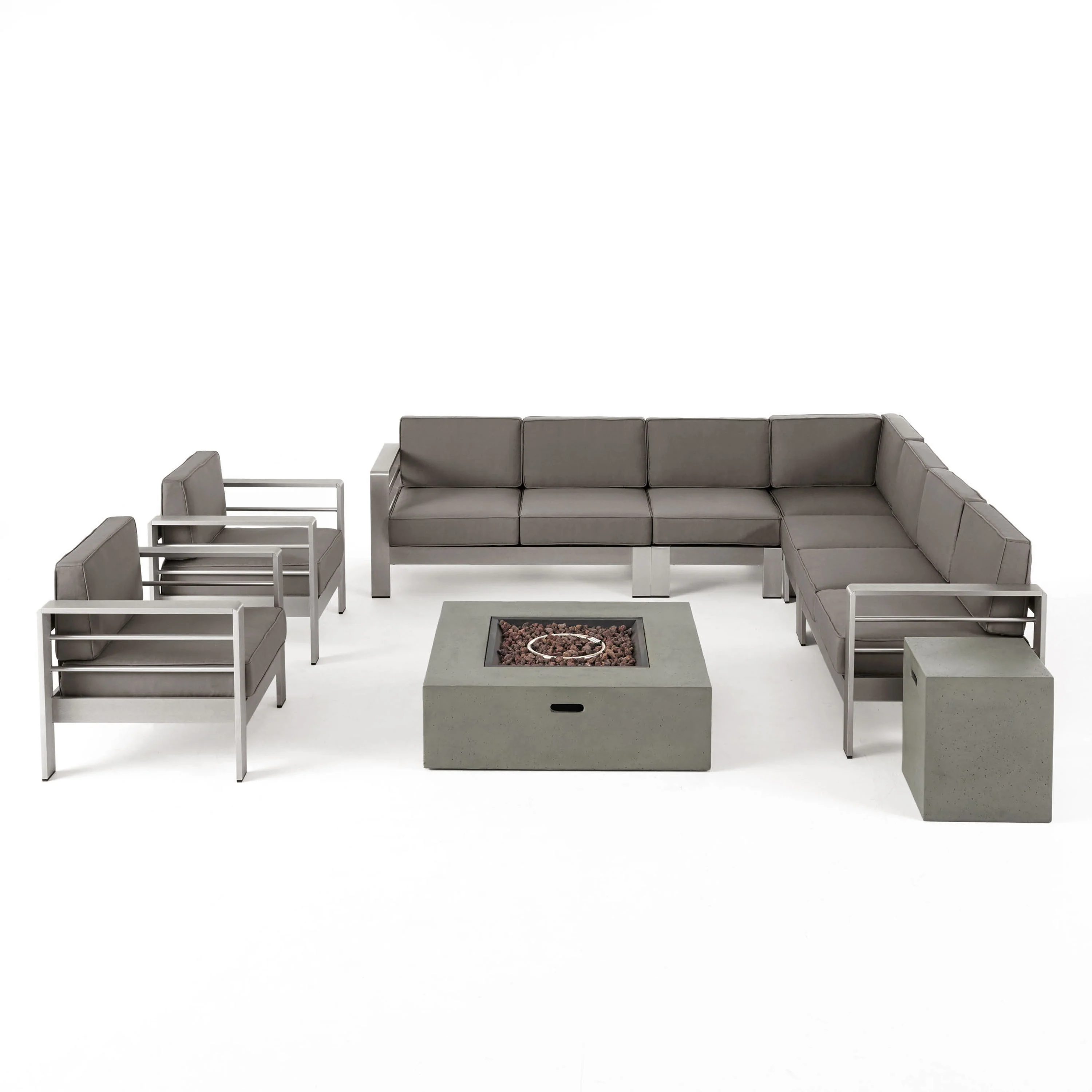 Danae Coral Outdoor 9 Seater Aluminum L-Shaped Sofa Sectional and Fire Pit Set - furnishings