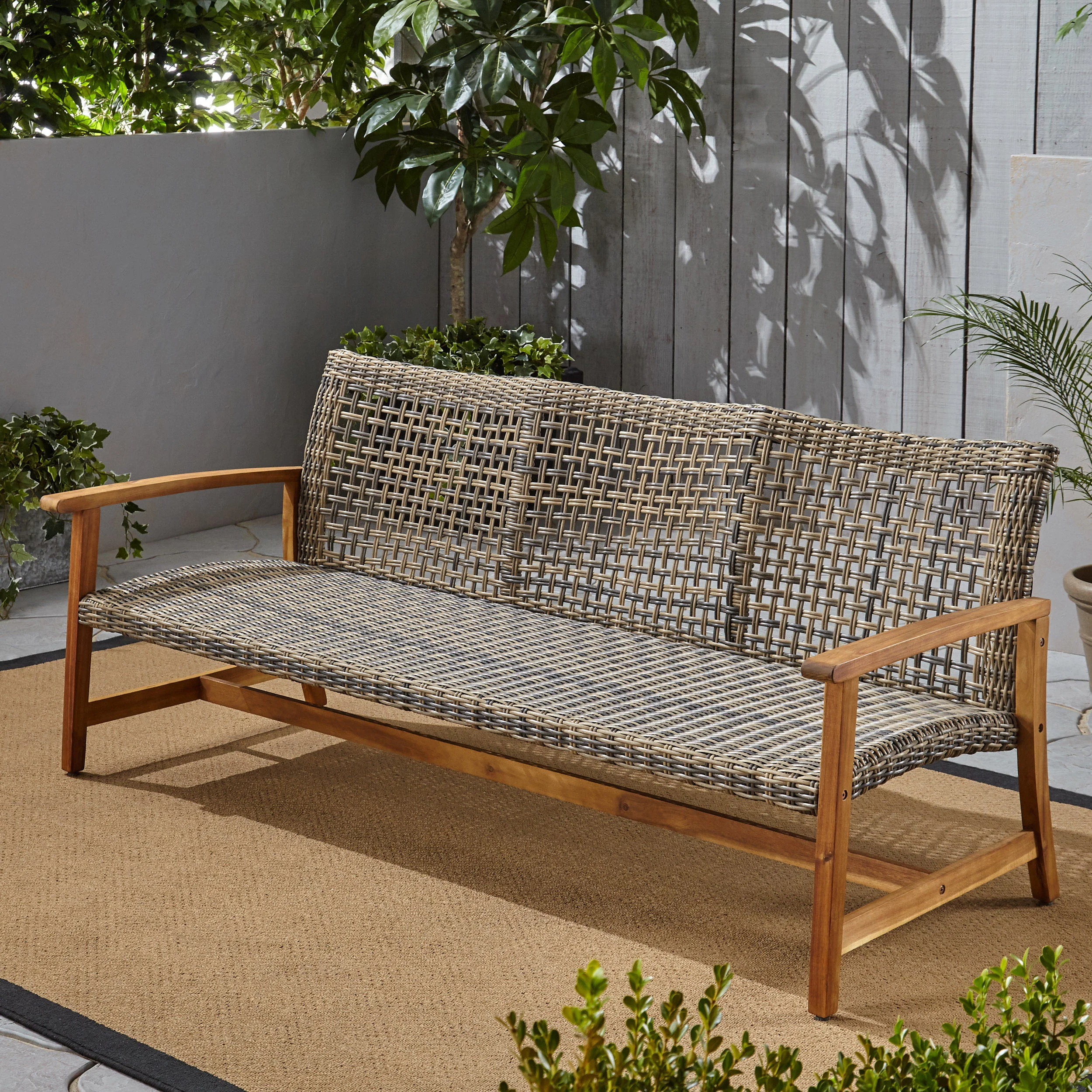 Marcia Outdoor 3-Seater Wicker Weave Sofa with Acacia Wood Frame - furnishings