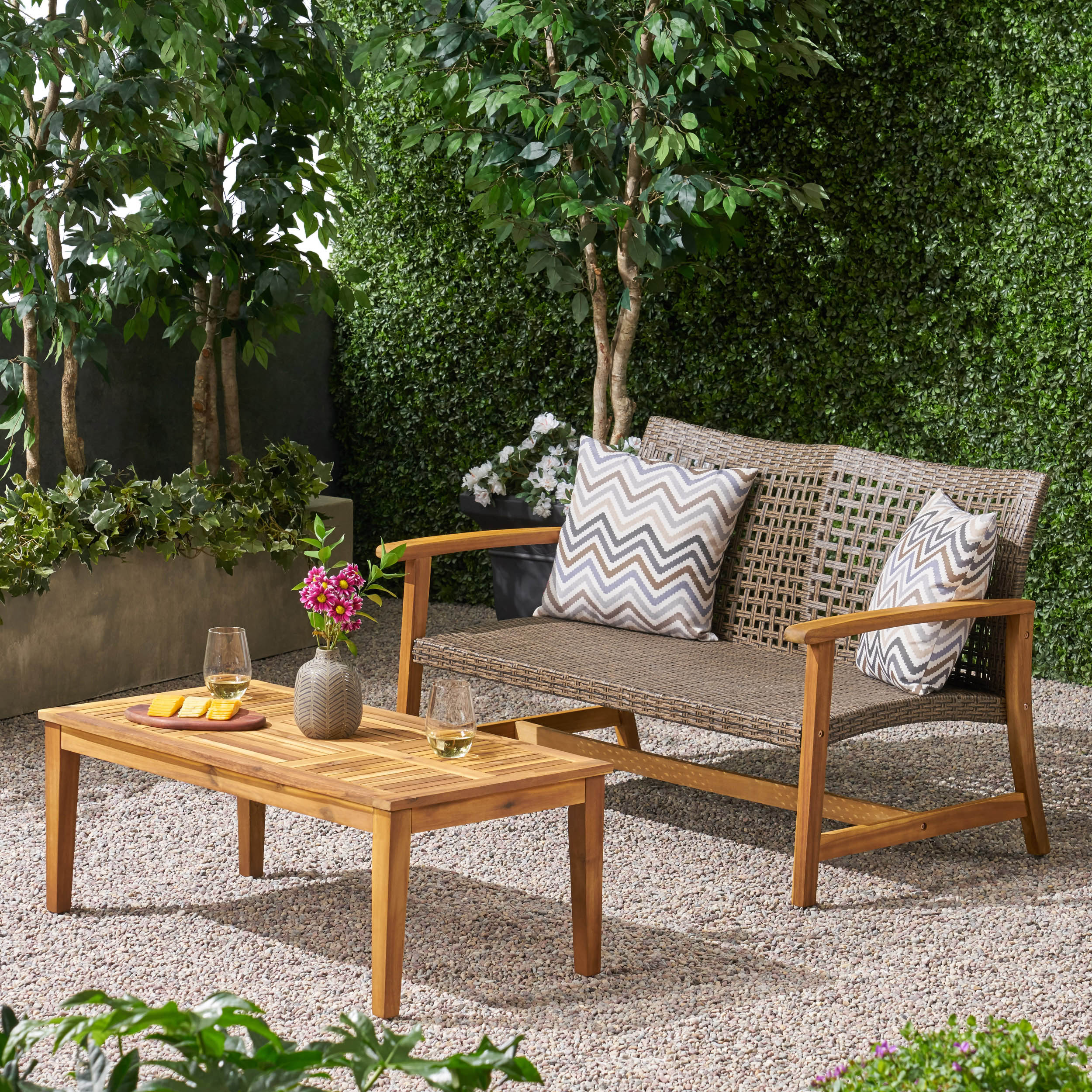 Spring Spender Outdoor Wood and Wicker Loveseat and Coffee Table Set - furnishings