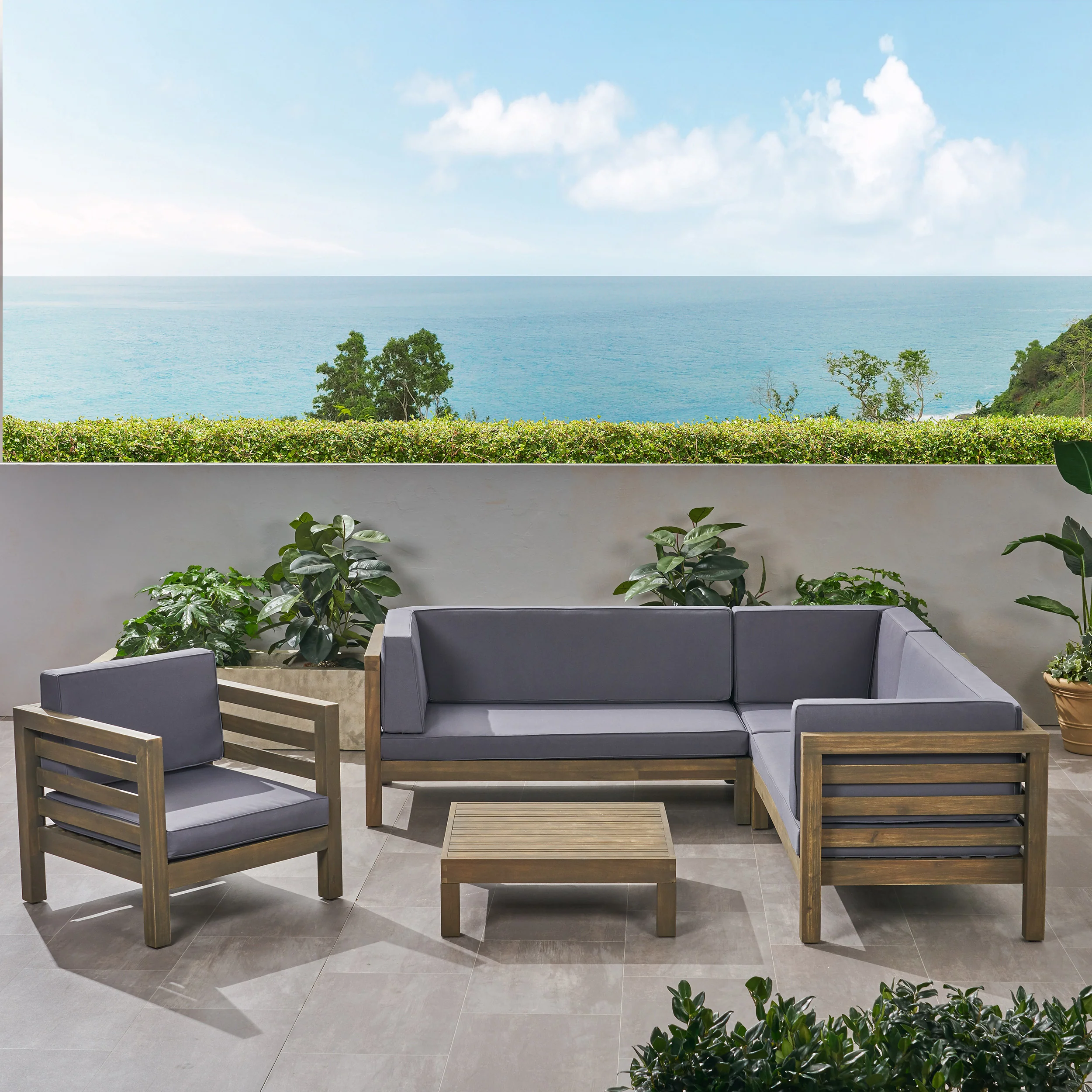 Emma Outdoor 6 Seater Acacia Wood Sectional Sofa and Club Chair Set - furnishings