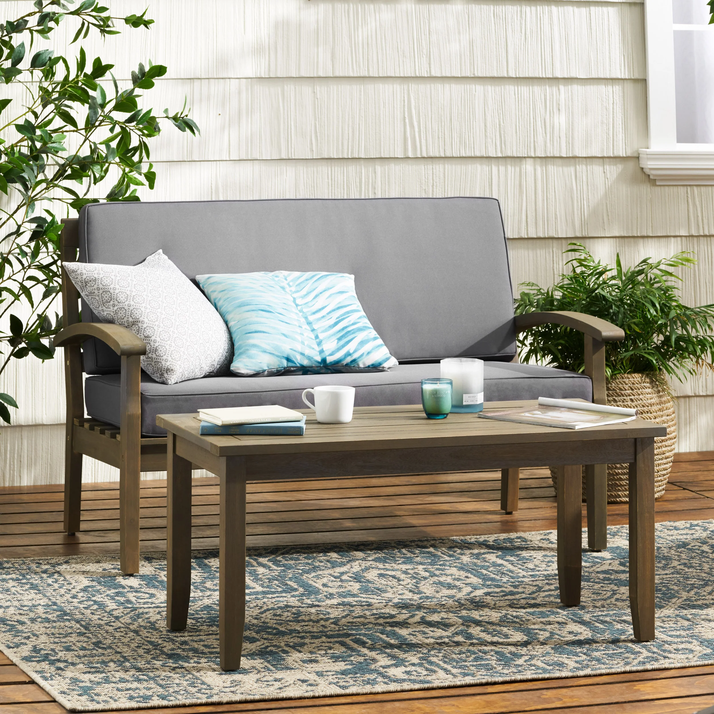 Preston Outdoor Acacia Wood Loveseat and Coffee Table - furnishings