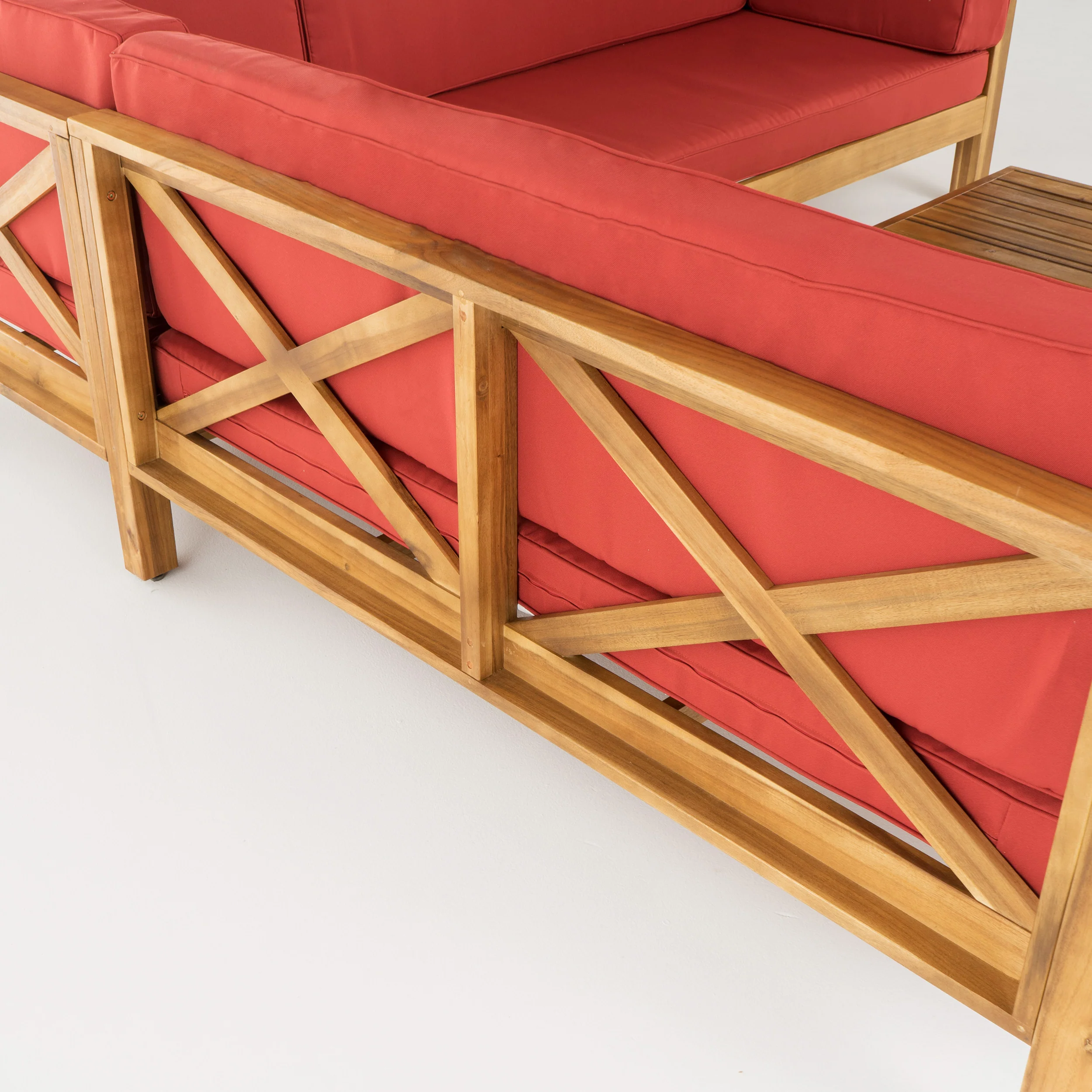 Keith Outdoor Acacia Wood Left Arm Loveseat and Coffee Table Set with Cushion - furnishings