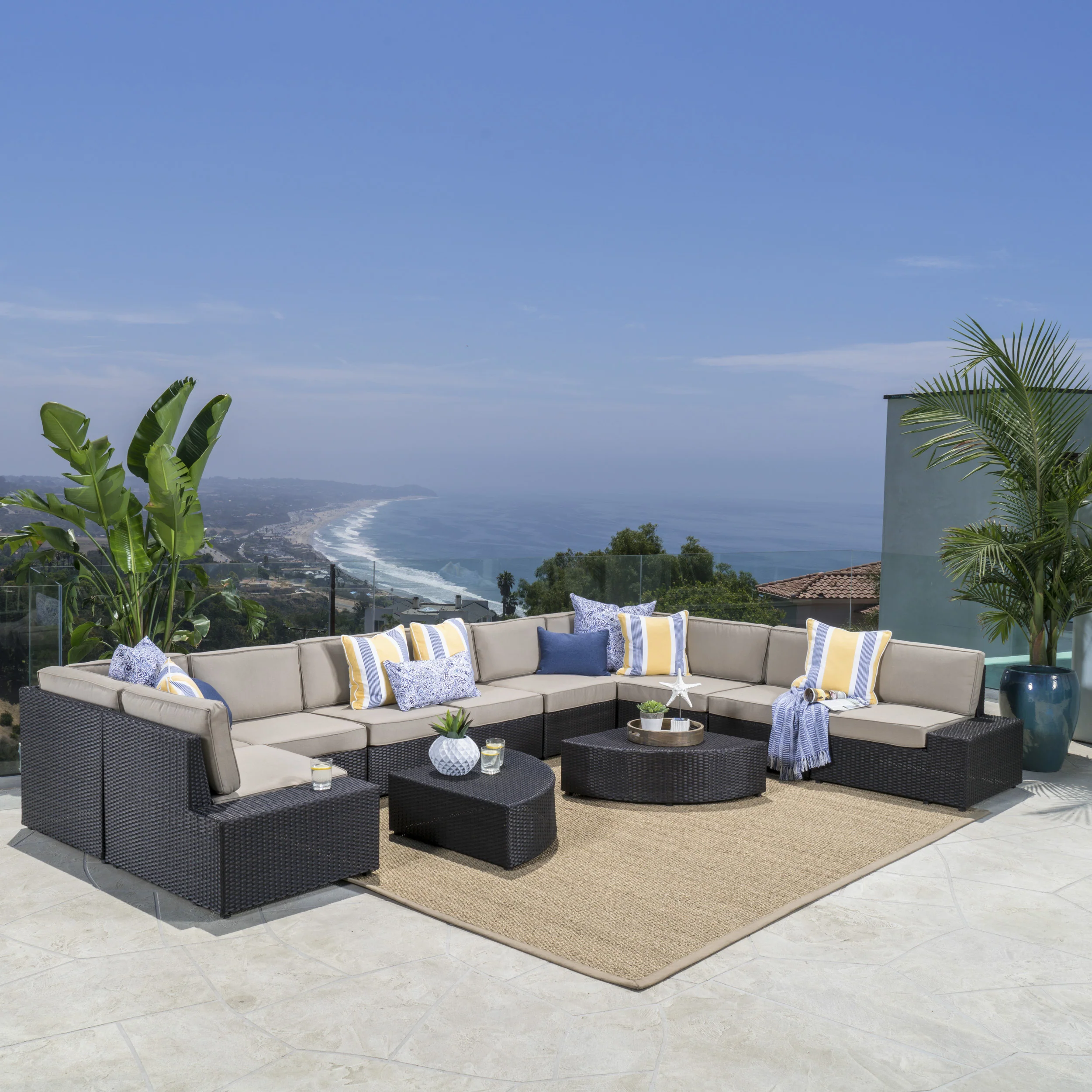 Reddington 12pc Outdoor Wicker Sectional Sofa Set w/ Cushions - furnishings