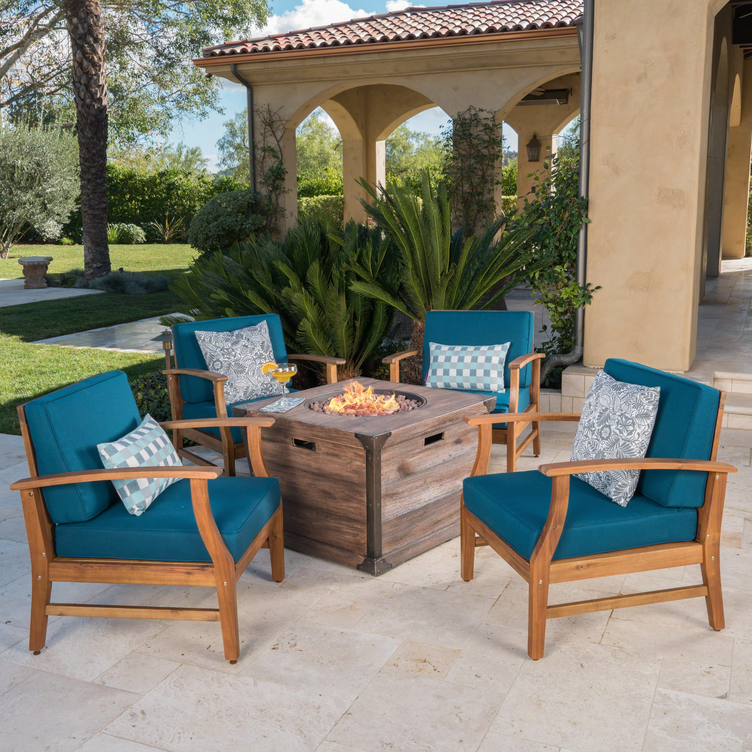 Belle Outdoor 4 Seat Fire Pit Chat Set with Teak Finished Acacia Wood Club Chairs - furnishings