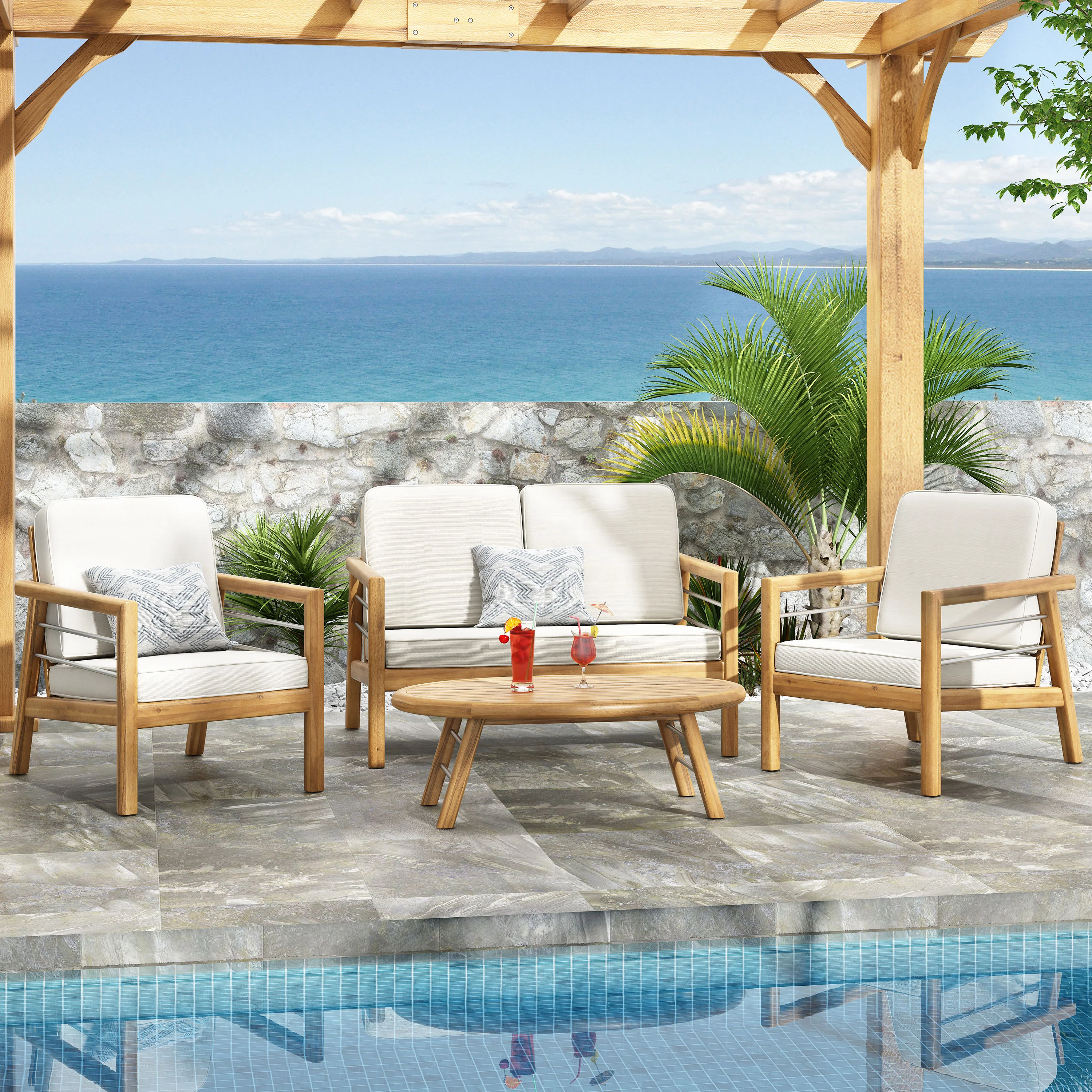 Lindsey Outdoor Acacia Wood 4 Seater Chat Set with Cushions, Beige and Teak - furnishings
