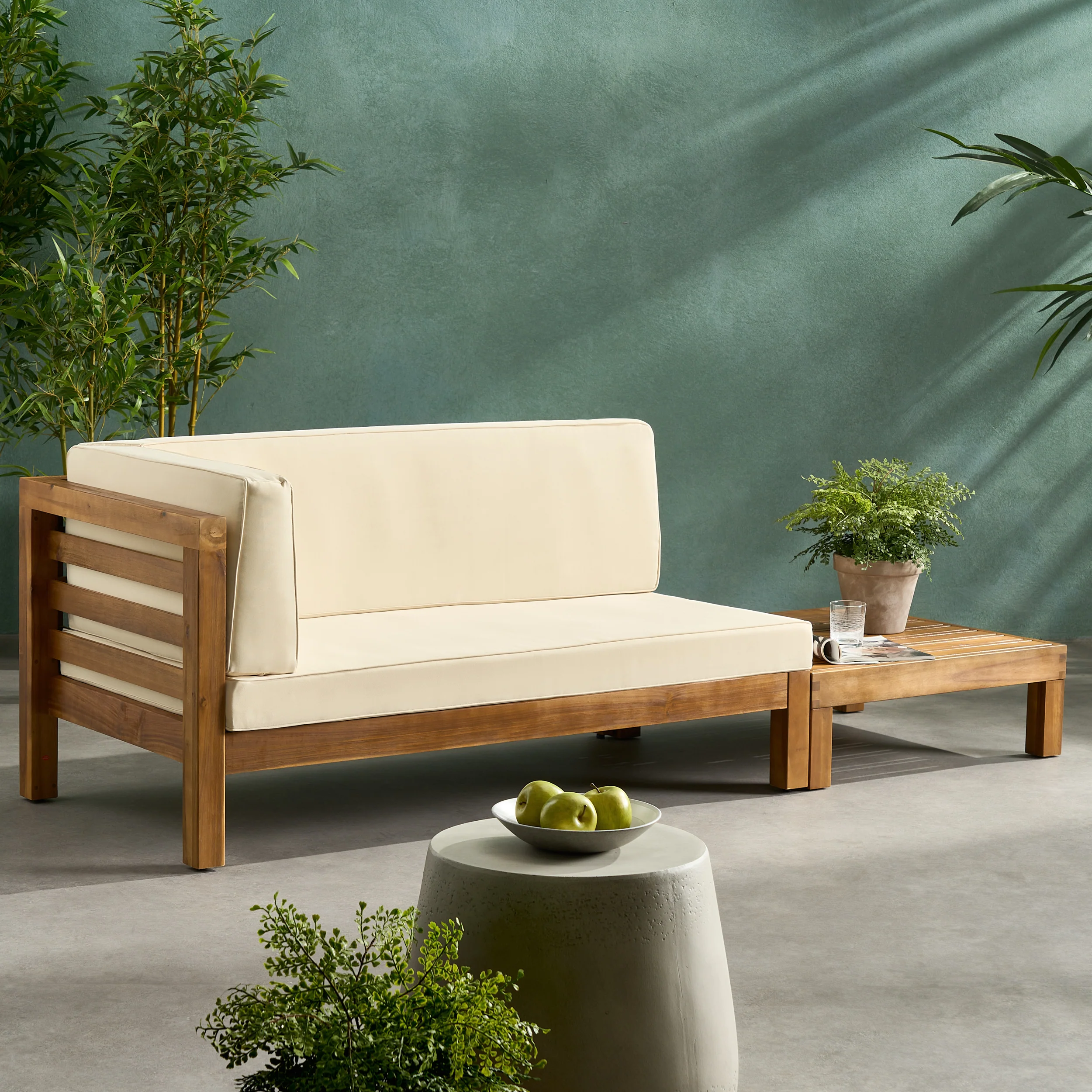 Cascada Outdoor Acacia Wood Left Arm Loveseat and Coffee Table Set with Cushion - furnishings