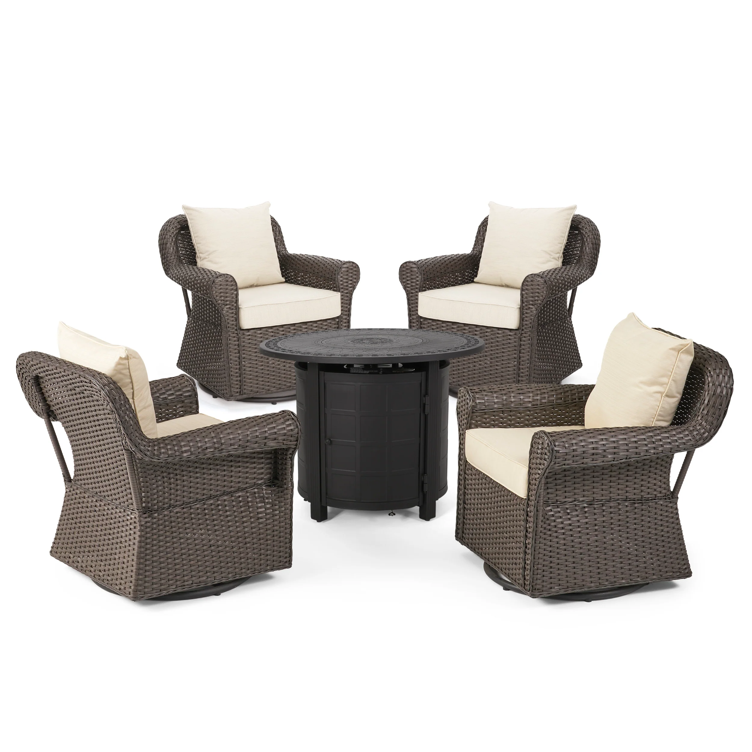 Admiral Outdoor 4 Seater Wicker Swivel Chair and Fire Pit Set - furnishings