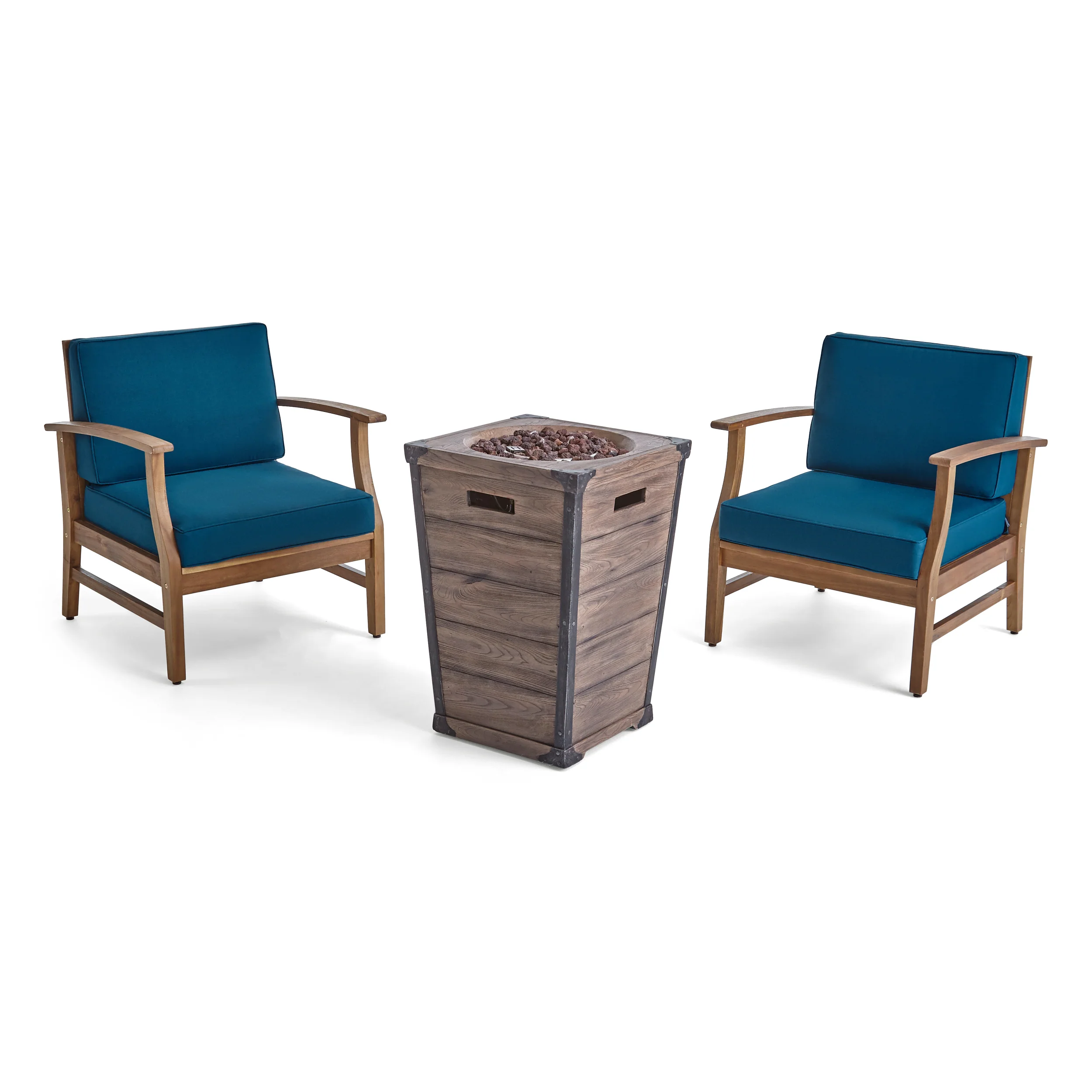 Capri Outdoor 2 Piece Acacia Wood Club Chair Set with Cushions and Fire Column - furnishings