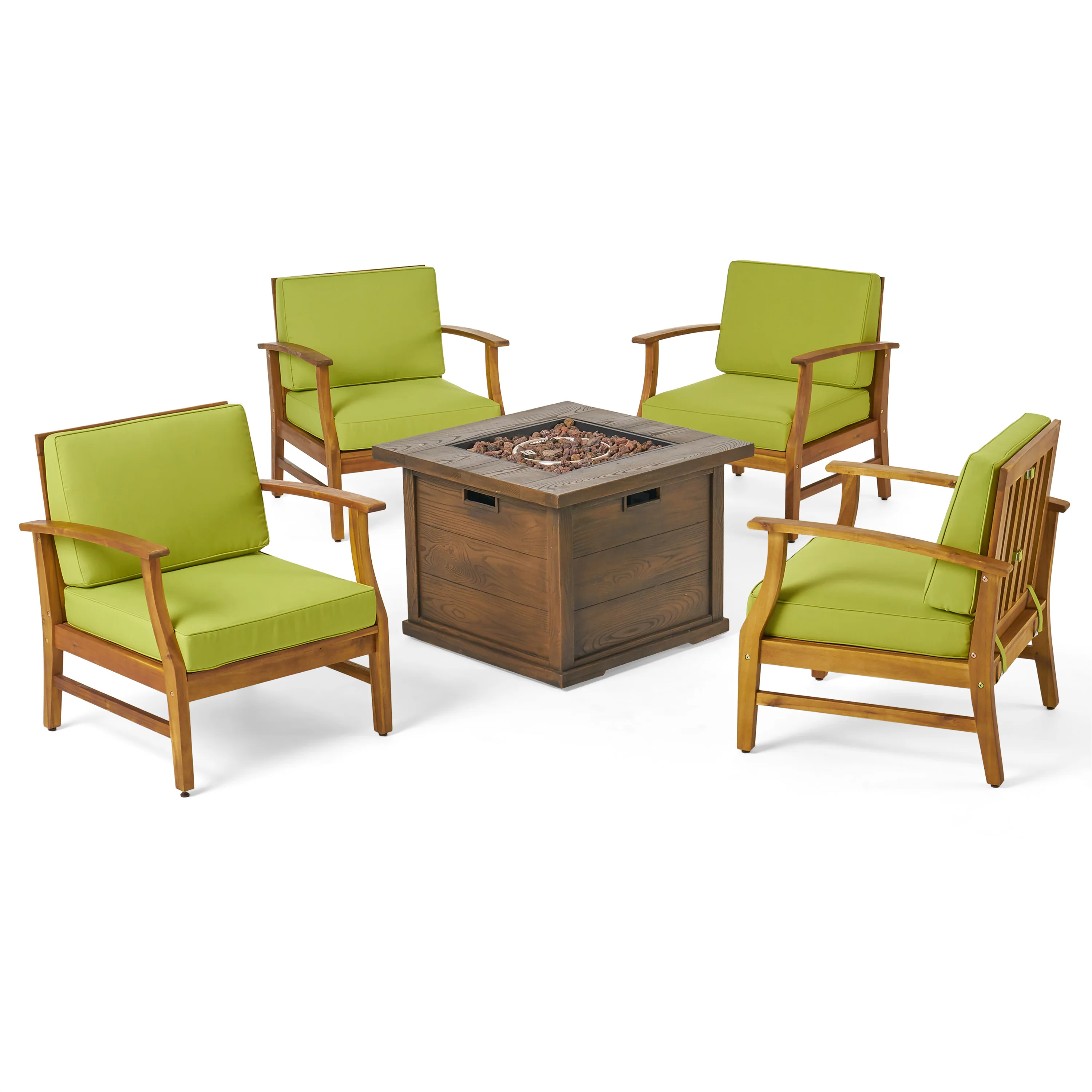 Lilith Outdoor 4 Seat Teak Finished Acacia Wood Club Chairs Fire Pit Chat Set - furnishings